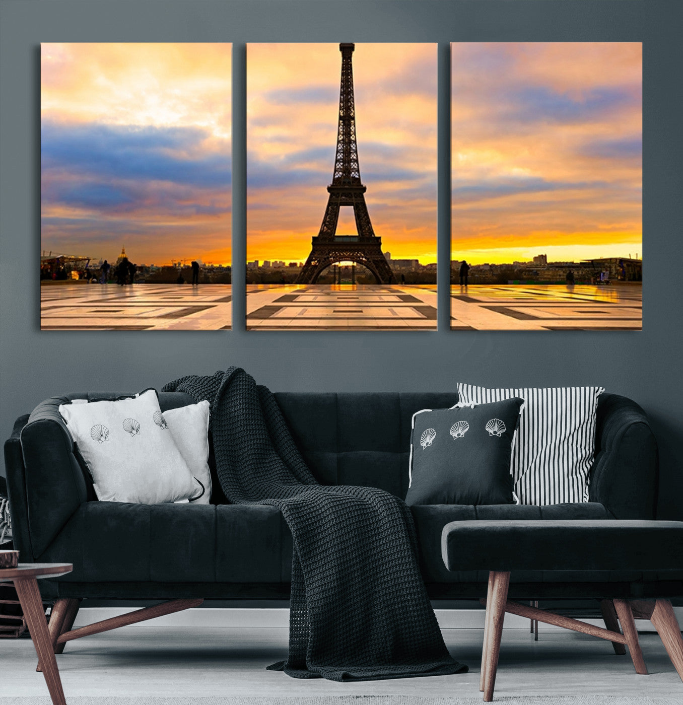 55965-MGV-CV-60X30-3P-Paris Eiffel Tower Sunset Canvas Wall Art Print - Iconic Landmark Decor with Vibrant Colors