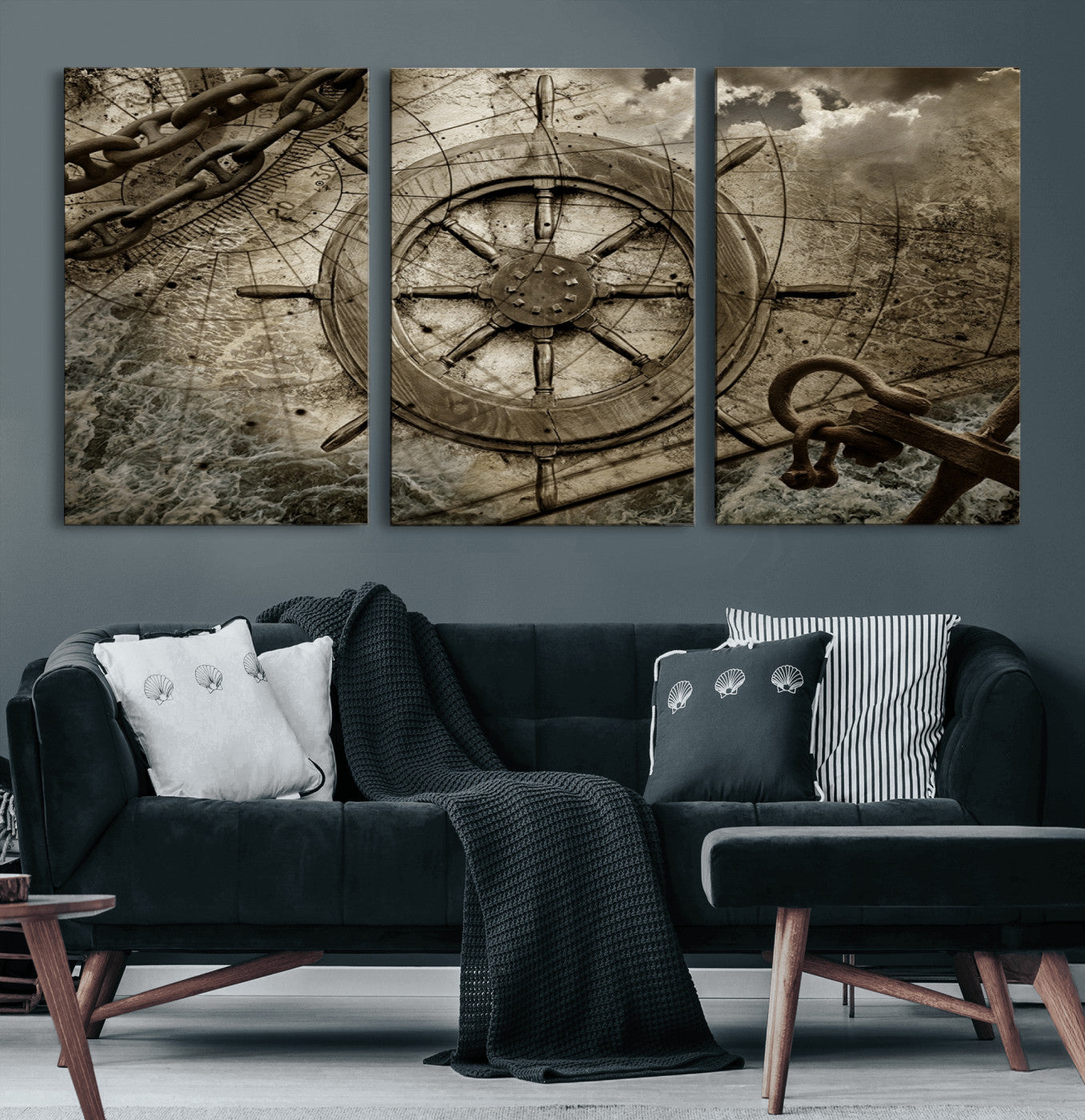 98180-MGV-CV-60X30-3P-Wooden Ship Wheel Canvas Print, Multi Panel Canvas Wall Art Print