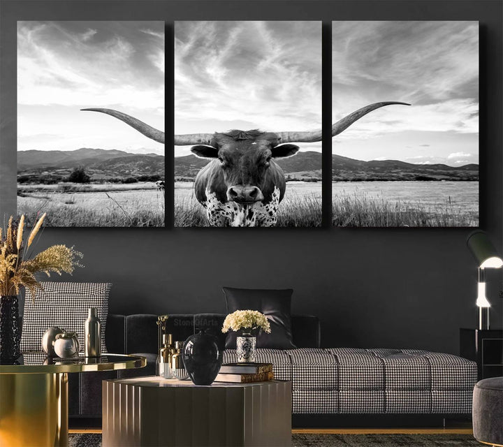 Longhorn Cow Wall Art Canvas Print Farmhouse Wall Art - Texas Longhorn Wall Art Print