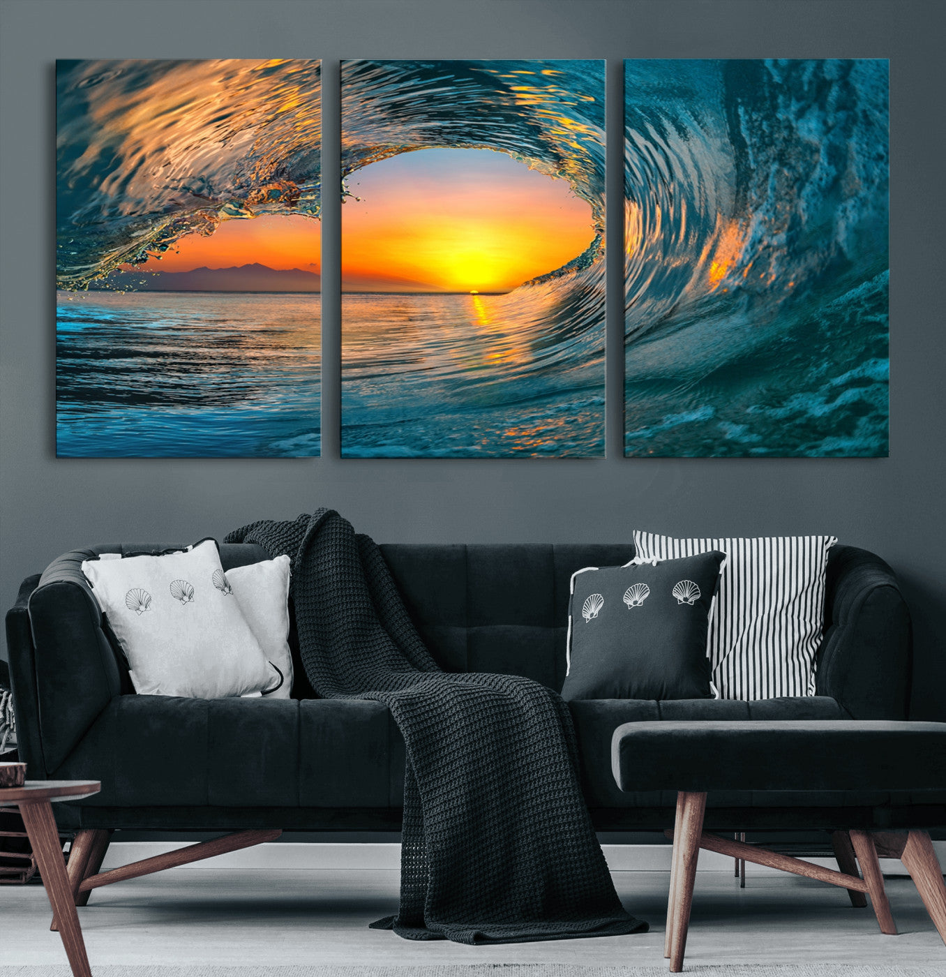 84279-MGV-CV-60X30-3P-Ocean Wave Sunset Wall Art | Large Coastal Wave Canvas Print | 3-Panel Ocean Sunset Seascape for