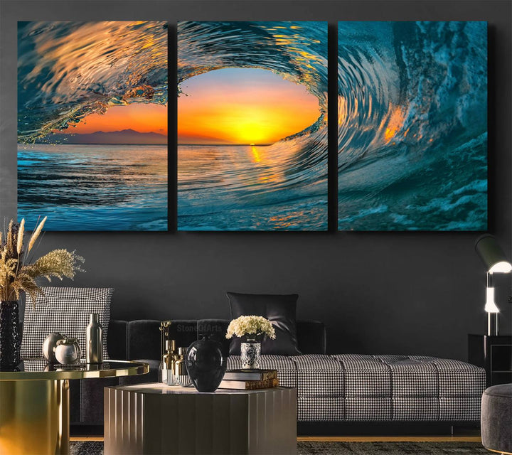 The Ocean Wave Sunset Wall Art canvas print features a vibrant ocean wave at sunset, forming a tunnel with silhouetted mountains.