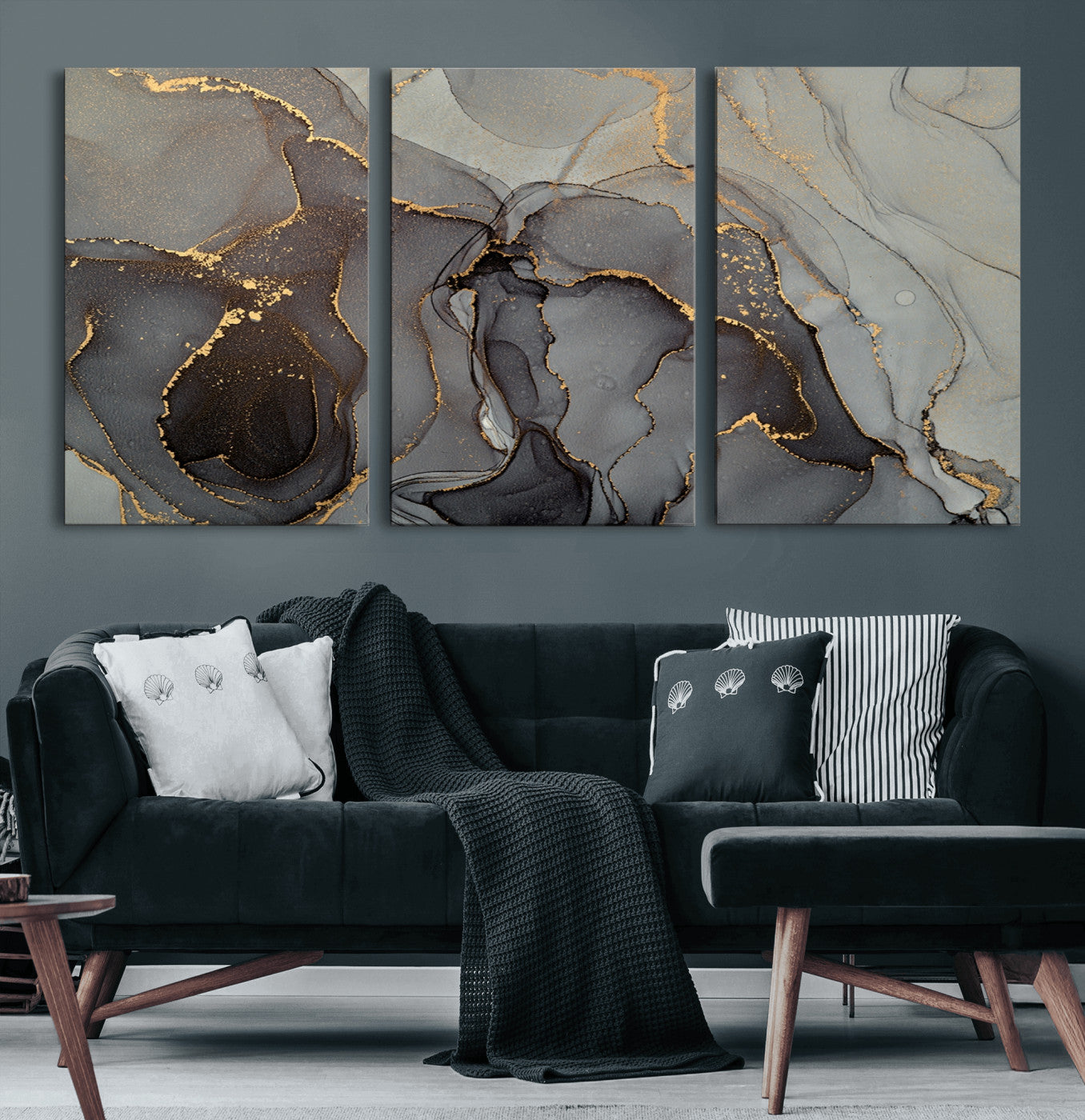 16762-MGV-CV-60X30-3P-Gray Marble Fluid Wall Art – Modern Abstract Canvas Print with Elegant Flowing Patterns, Minimalist Luxury Decor for Living Room, Office, or Bedroom