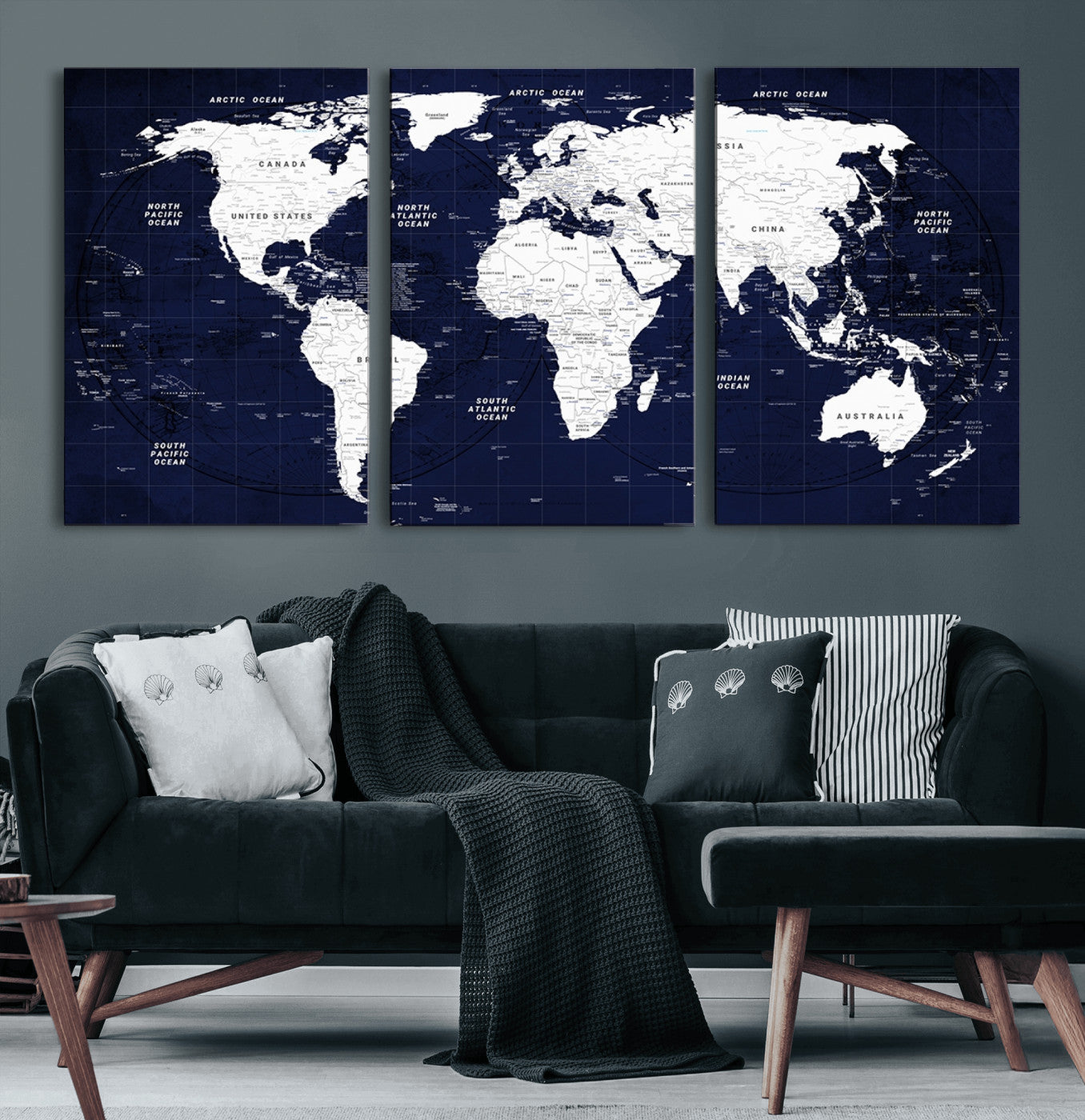 90649-MGV-CV-60X30-3P-Navy Blue World Map Canvas Print – Modern Push Pin Travel Map Wall Art, Framed Contemporary Decor for Home or Office