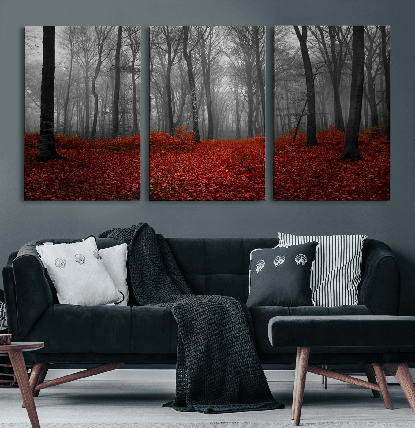 -Red Forest Floor Canvas Wall Art – Mystical Foggy Woodland Triptych – Nature-Inspired Decor for