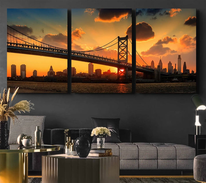 The Philadelphia Ben Franklin Bridge Wall Art Canvas Print radiates charm, embodying the beauty of premium canvas. This handmade-in-the-USA artwork captures attention with its distinct presence.