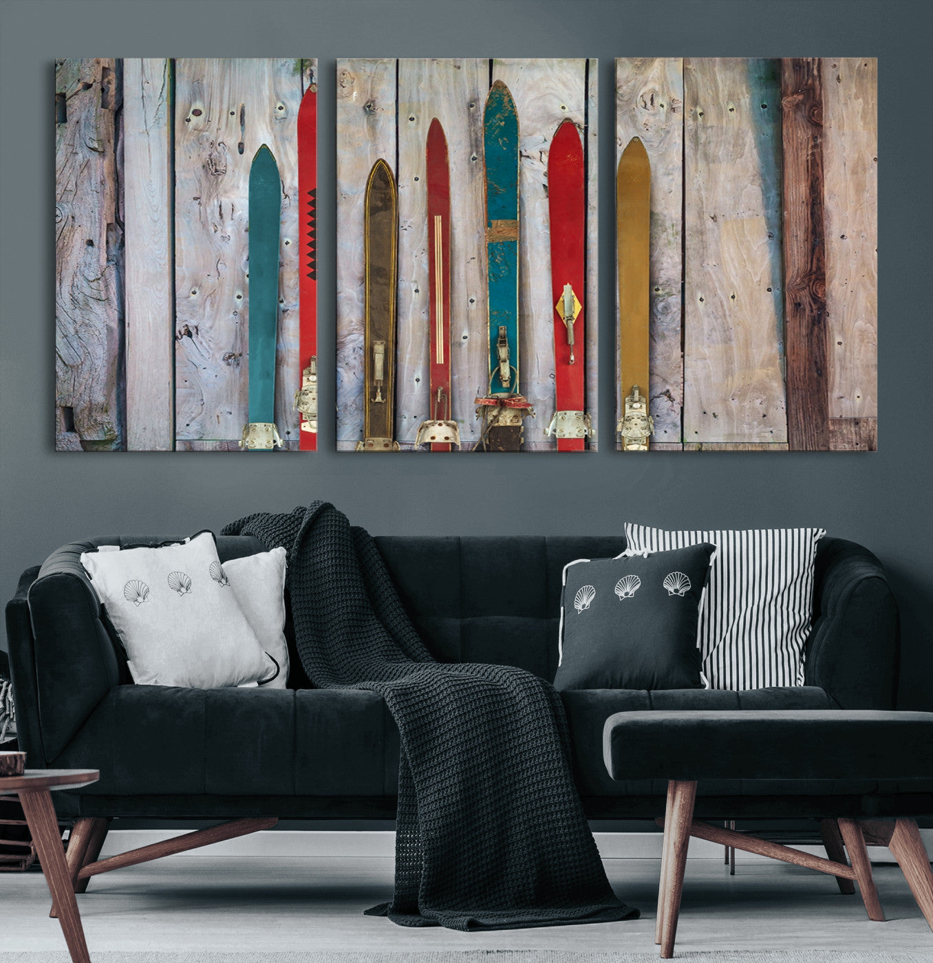 30640-MGV-CV-60X30-3P-Vintage Wooden Weathered Ski's in Front of an Old Barn Wall Art Canvas Print for Farmhouse, Cabin