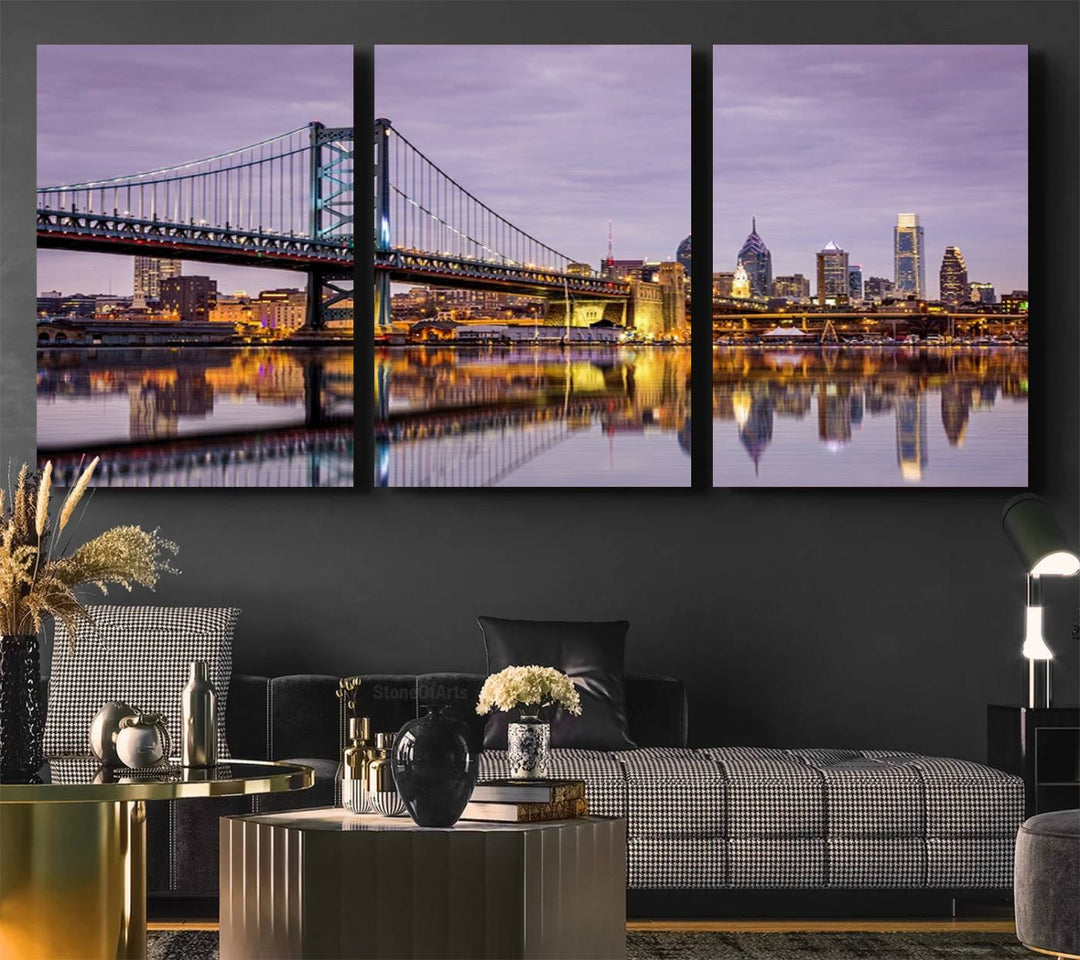 A woman holds the Philadelphia Ben Franklin Bridge Wall Art Canvas Print, a gallery-quality photo showcasing a city skyline with the bridge reflecting on the river. This stunning piece would make an excellent addition as premium canvas wall art for any home.