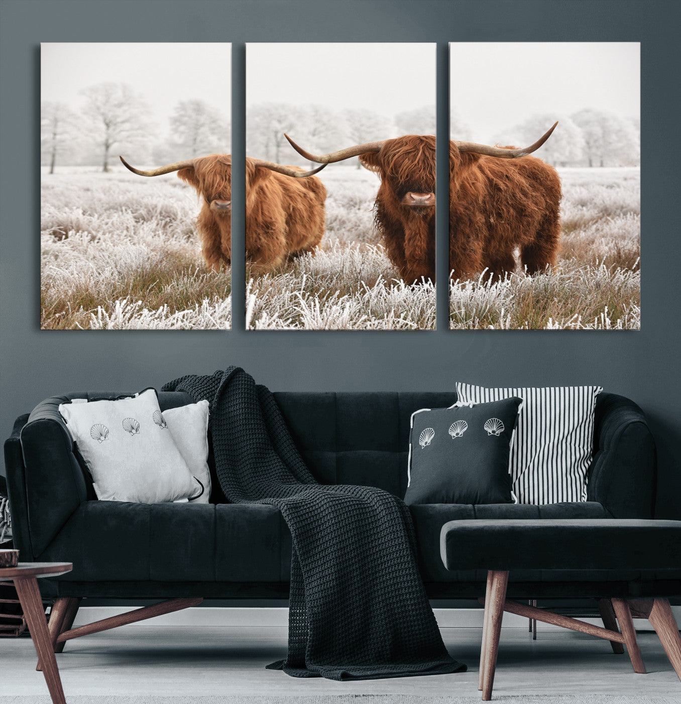 60379-MGV-CV-60X30-3P-Longhorn Cattle Wall Art Canvas Print, Framed Farmhouse Style Art Picture Print, Rustic Cow Perfect Rustic Farmhouse Decor Artwork