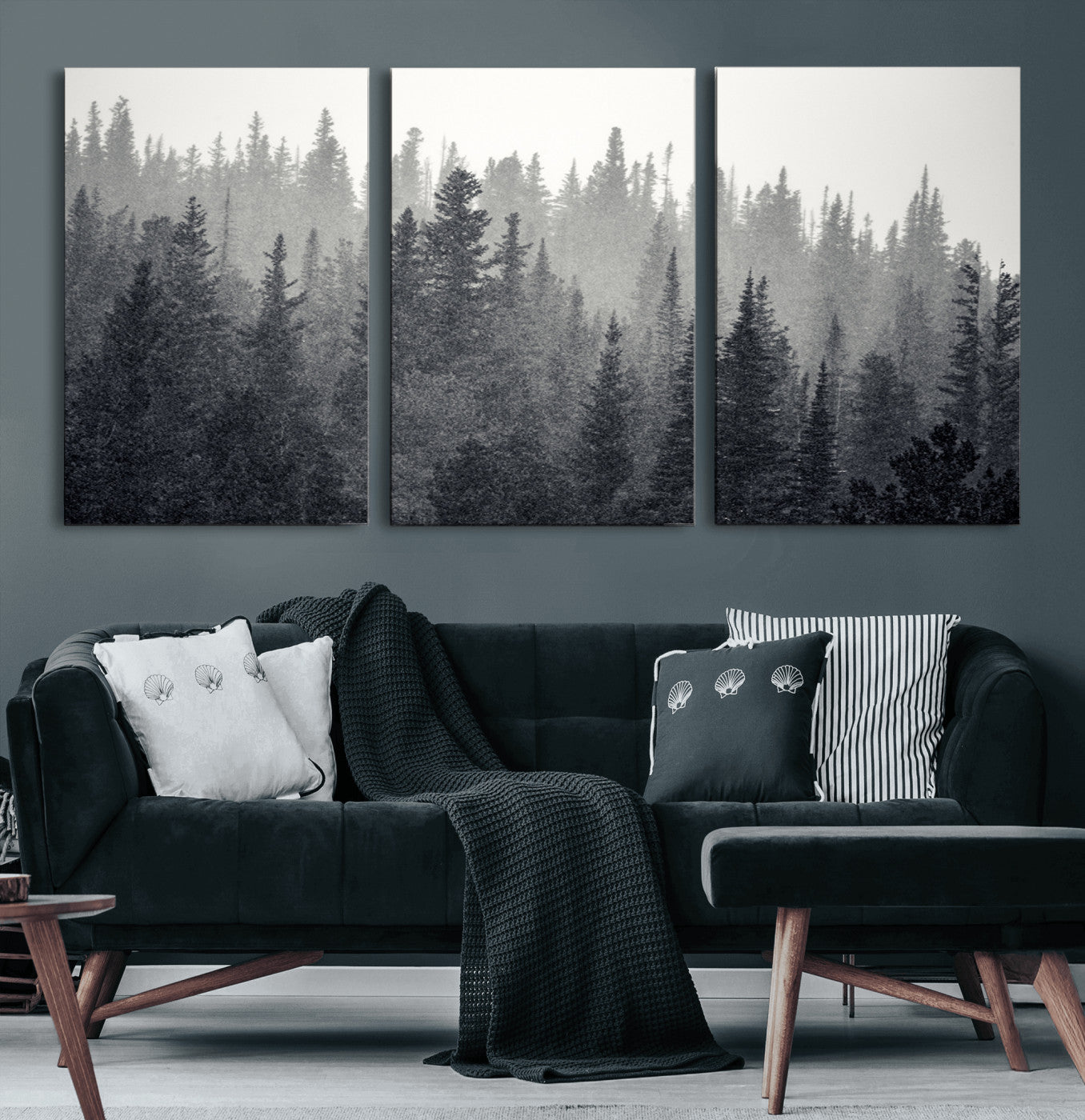 92450-MGV-CV-60X30-3P-Misty Forest Canvas Wall Art – Monochrome Triptych Pine Tree Print – Nature-Inspired Home Decor –