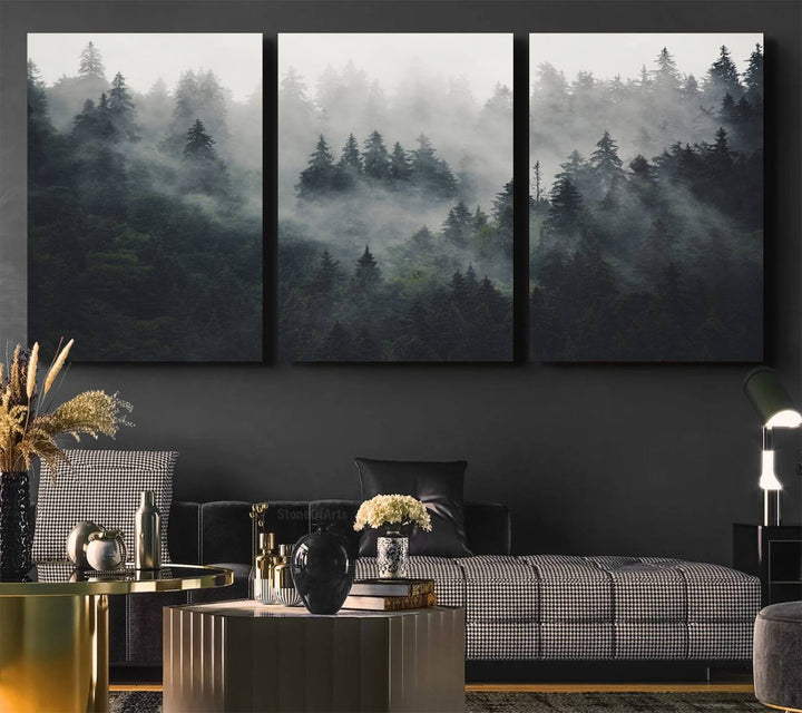 The Serene Triptych Print features tall evergreens, creating a mysterious and calming atmosphere.