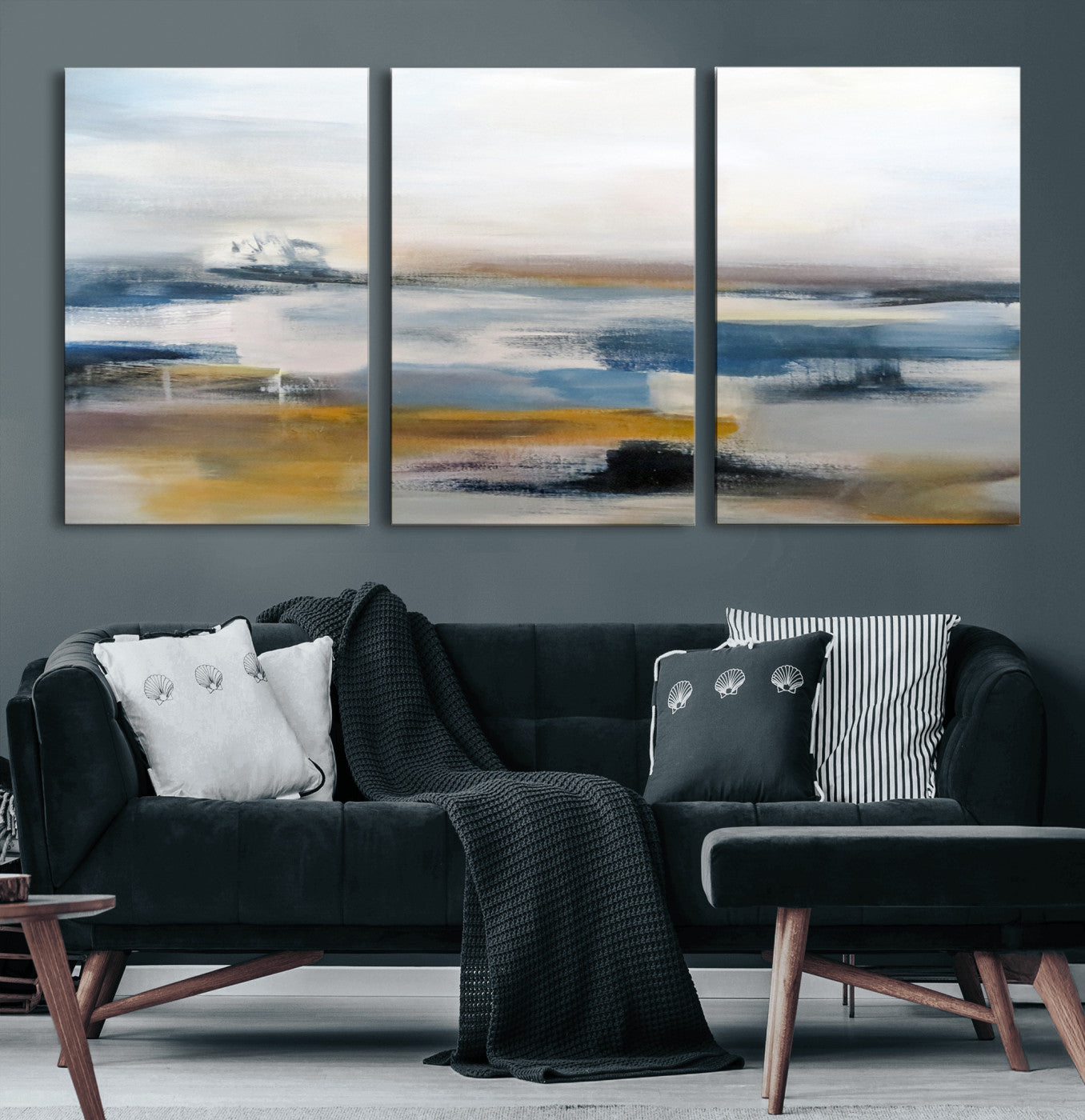 95919-MGV-CV-60X30-3P-Abstract Landscape Wall Art Canvas | 3 Panel Modern Blue, Gold, and White Canvas Art for Living