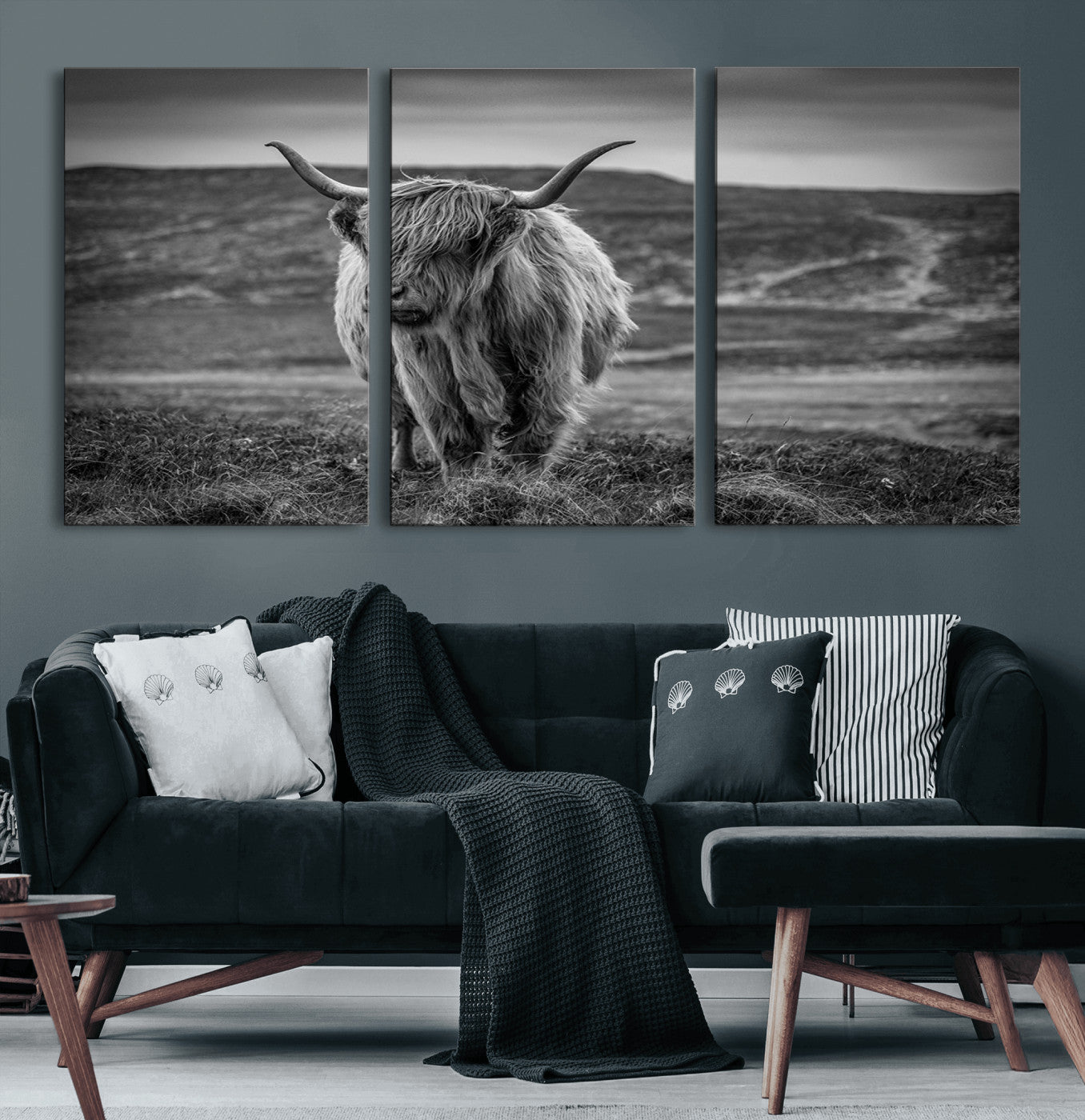 42995-MGV-CV-36X24-Fluffy Cattle Wall Art Print, Highland Cow Canvas, Framed Black and white Wall Art