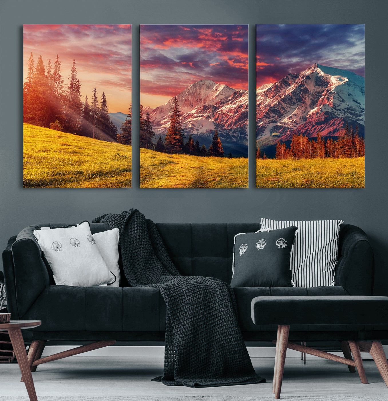 48448-MGV-CV-60X30-3P-Mountain and Daylight Red Sunset Wall Art Canvas Print