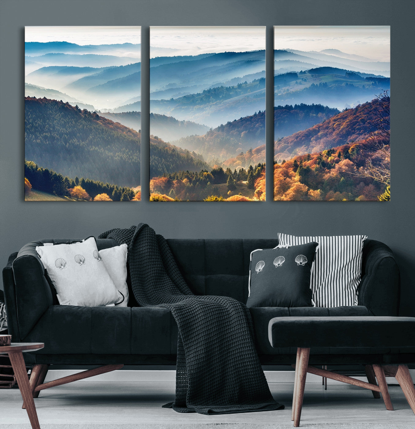 MGV-CV-60X30-3P - Misty Mountain Sunrise Triptych Canvas Print – Autumn Landscape Wall Art – Scenic Nature Decor –