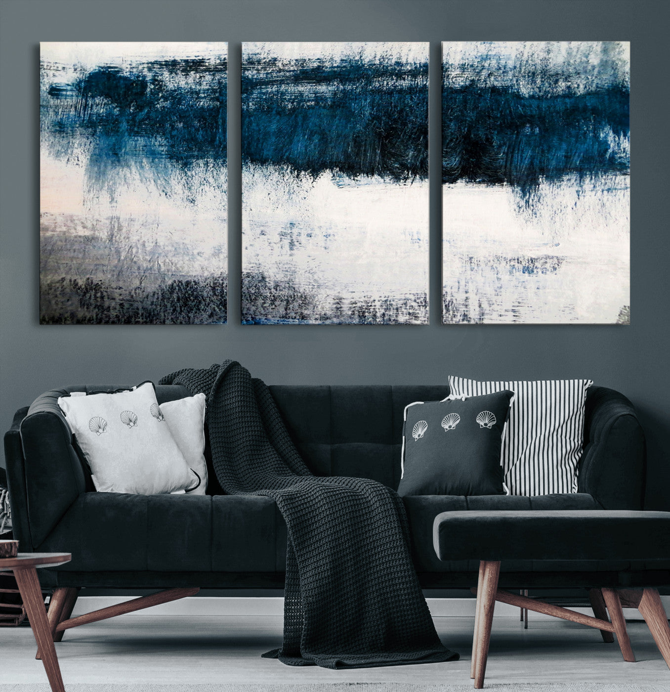 38954-MGV-CV-60X30-3P-Abstract Blue and White Canvas Art | Large Wall Art for Modern Living Room Decor | Minimalist