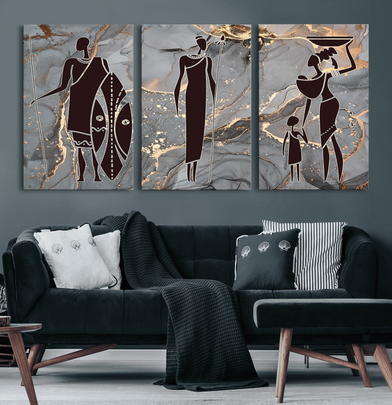 81756-MGV-CV-60X30-3P-African American Wall Art – Elegant African Women Canvas Print, Modern Ethnic Painting for Living Room or Office Decor