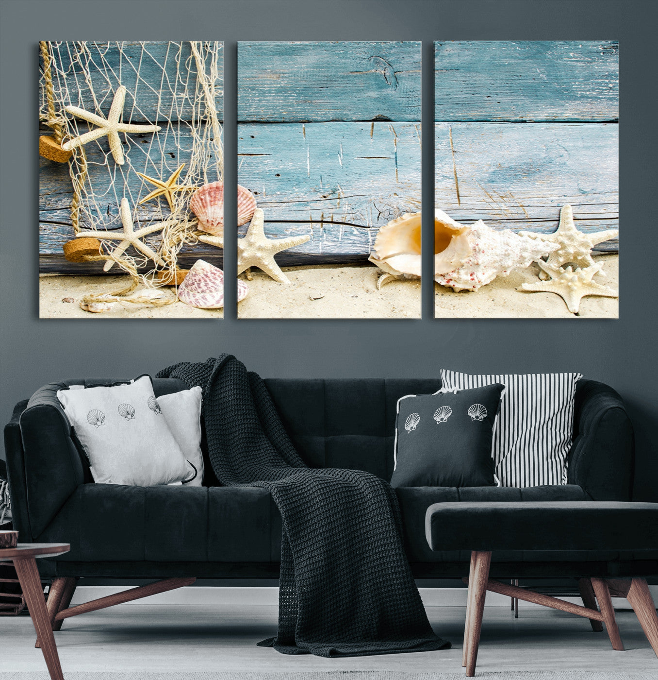 88448-MGV-CV-60X30-3P-Seashells on Rustic Wooden Background, Seashells Wall Art Canvas Print