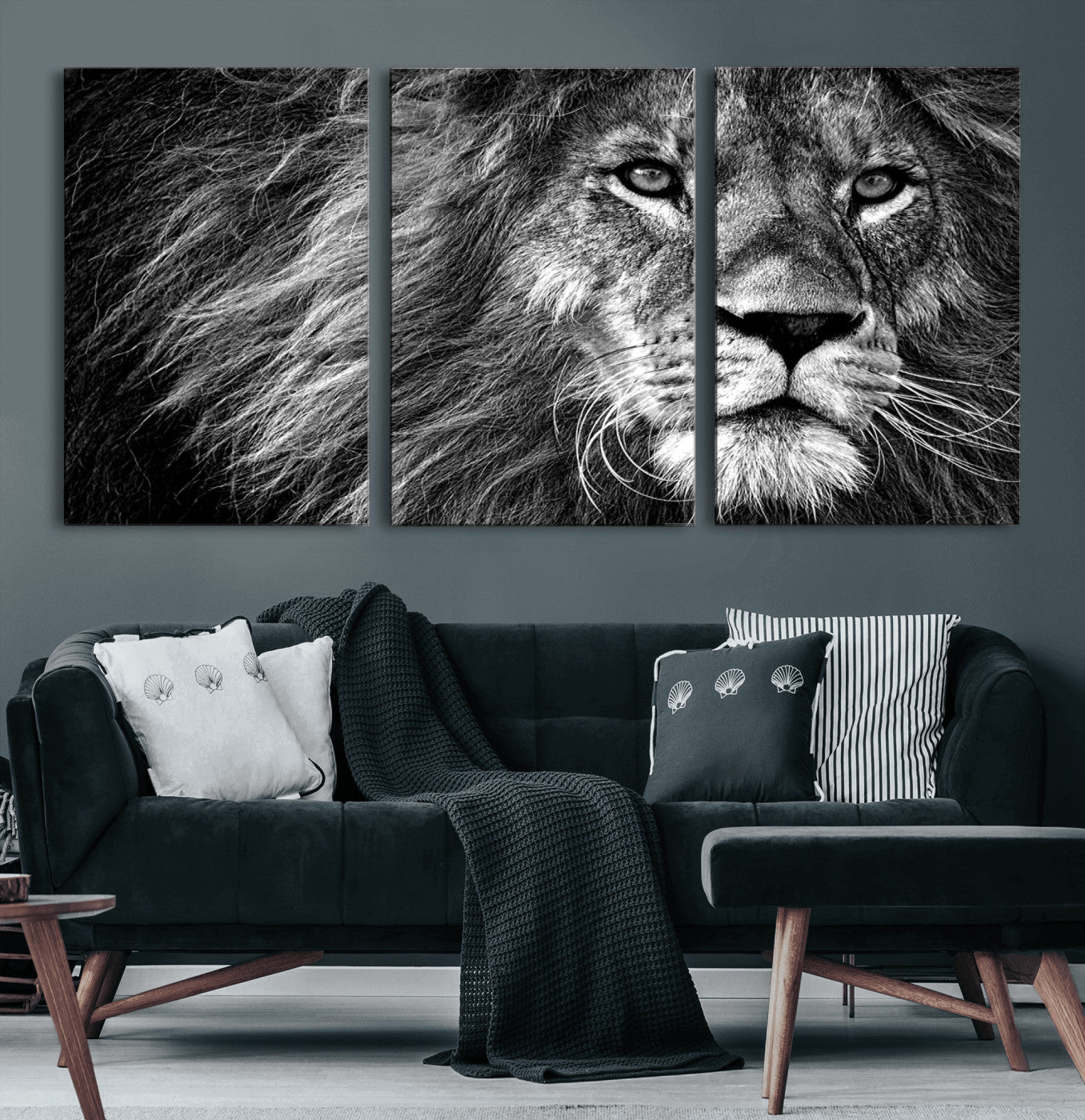 58363-MGV-CV-60X30-3P-Black and White Lion Canvas Wall Art Print – Wildlife Portrait Artwork for Home, Office, Living Room, Guest Room