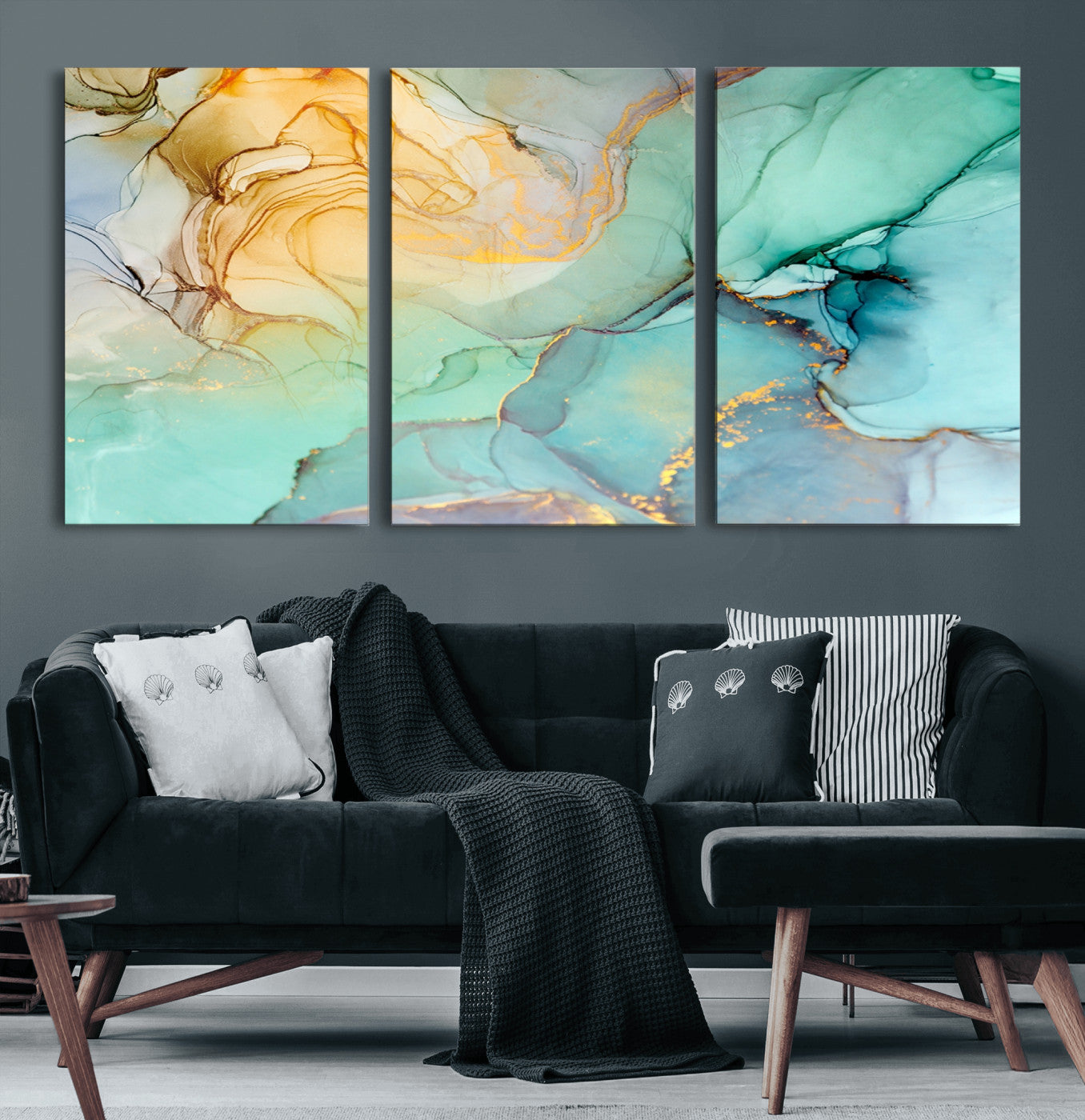 84233-MGV-CV-36X24-Abstract Aqua and Gold Fluid Wall Art Canvas | 3 Panel Large Canvas Print for Living Room, Office, or Modern Space | Elegant Contemporary