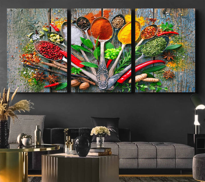 Vibrant Spoonful of Spices kitchen wall art canvas, a culinary triptych ideal for any dining room decor.