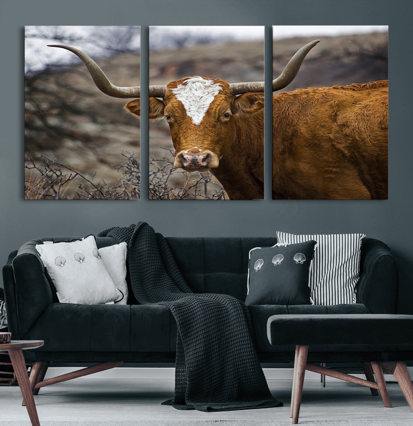 71797-MGV-CV-60X30-3P-Framed Big Cow Animal Wall Art Canvas Print