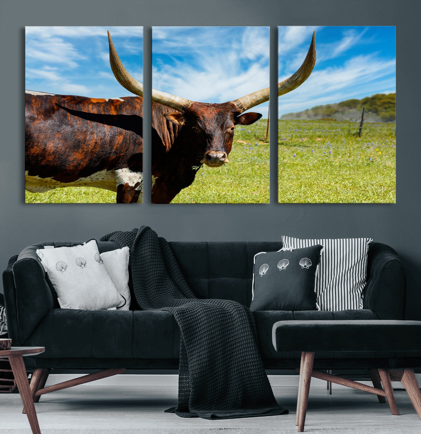 47037-MGV-CV-60X30-3P-Longhorn and Cow Wall Art, Country Cow Wall Decor Canvas Print