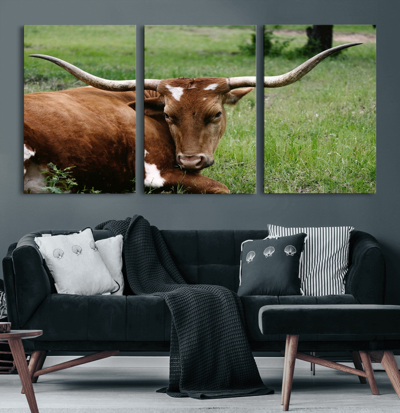 MGV-CV-60X30-3P - Longhorn Steer Canvas Wall Art – Rustic Nature Triptych Decor for Living Room or Office – Ready to