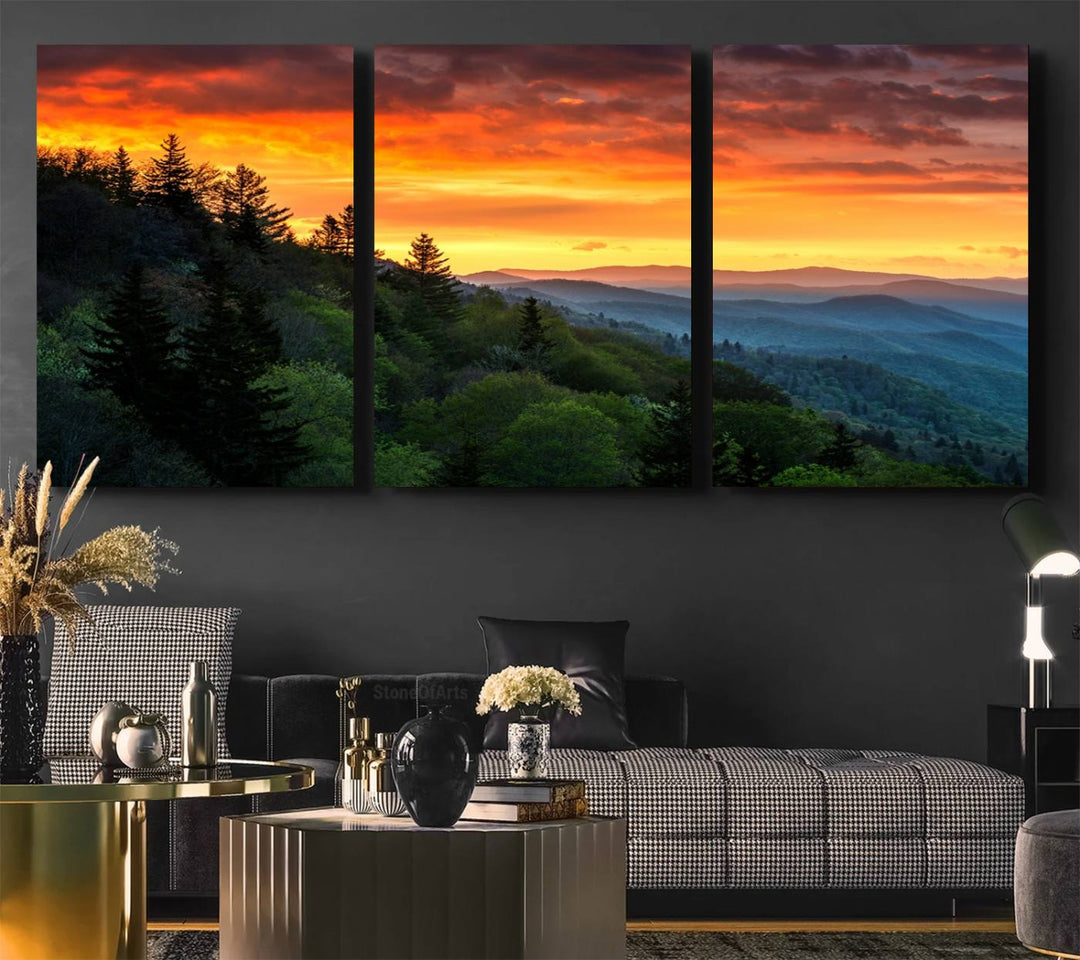 The Great Smoky Mountains Sunset Wall Art, a 3-panel print, beautifully captures natures beauty and is perfect for living room or office decor.