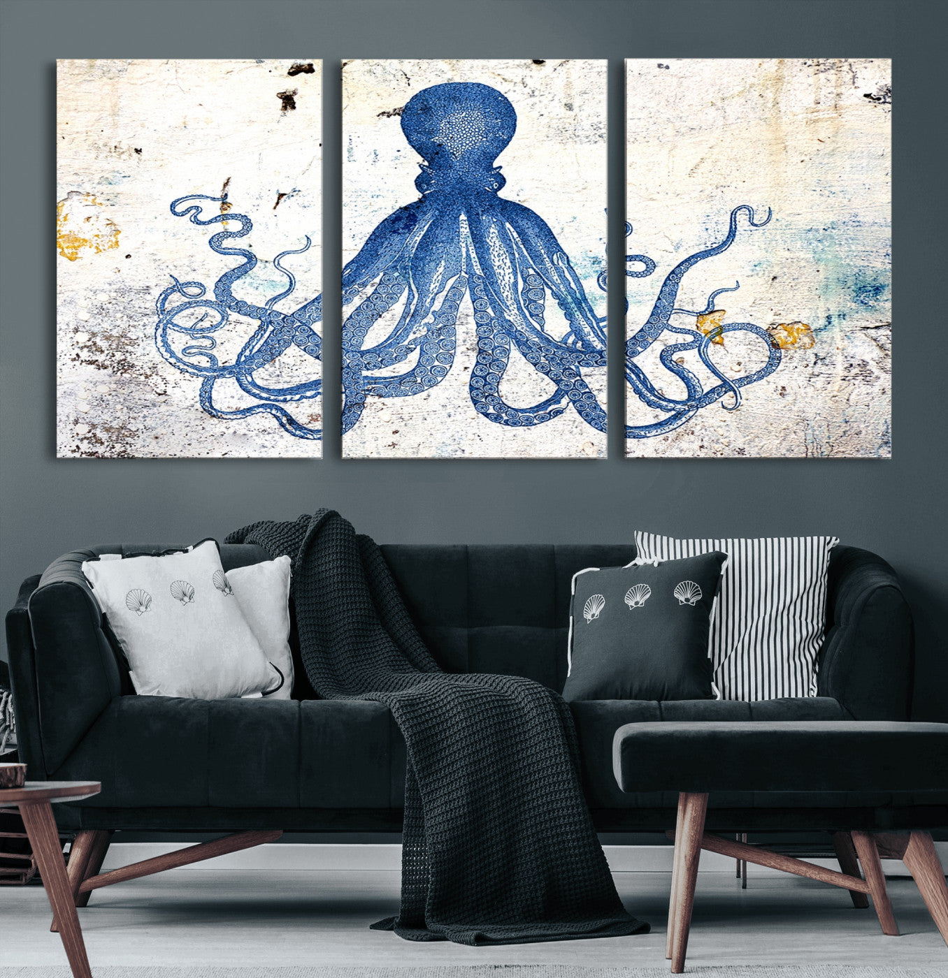 38211-MGV-CV-60X30-3P-Octopus Canvas Wall Art | Coastal Marine Life Artwork for Living Room, Bedroom, or Office |