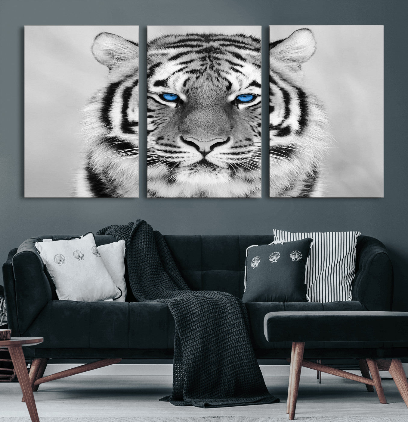 59121-MGV-CV-60X30-3P-Black and White Tiger Wall Art Animal Canvas Print