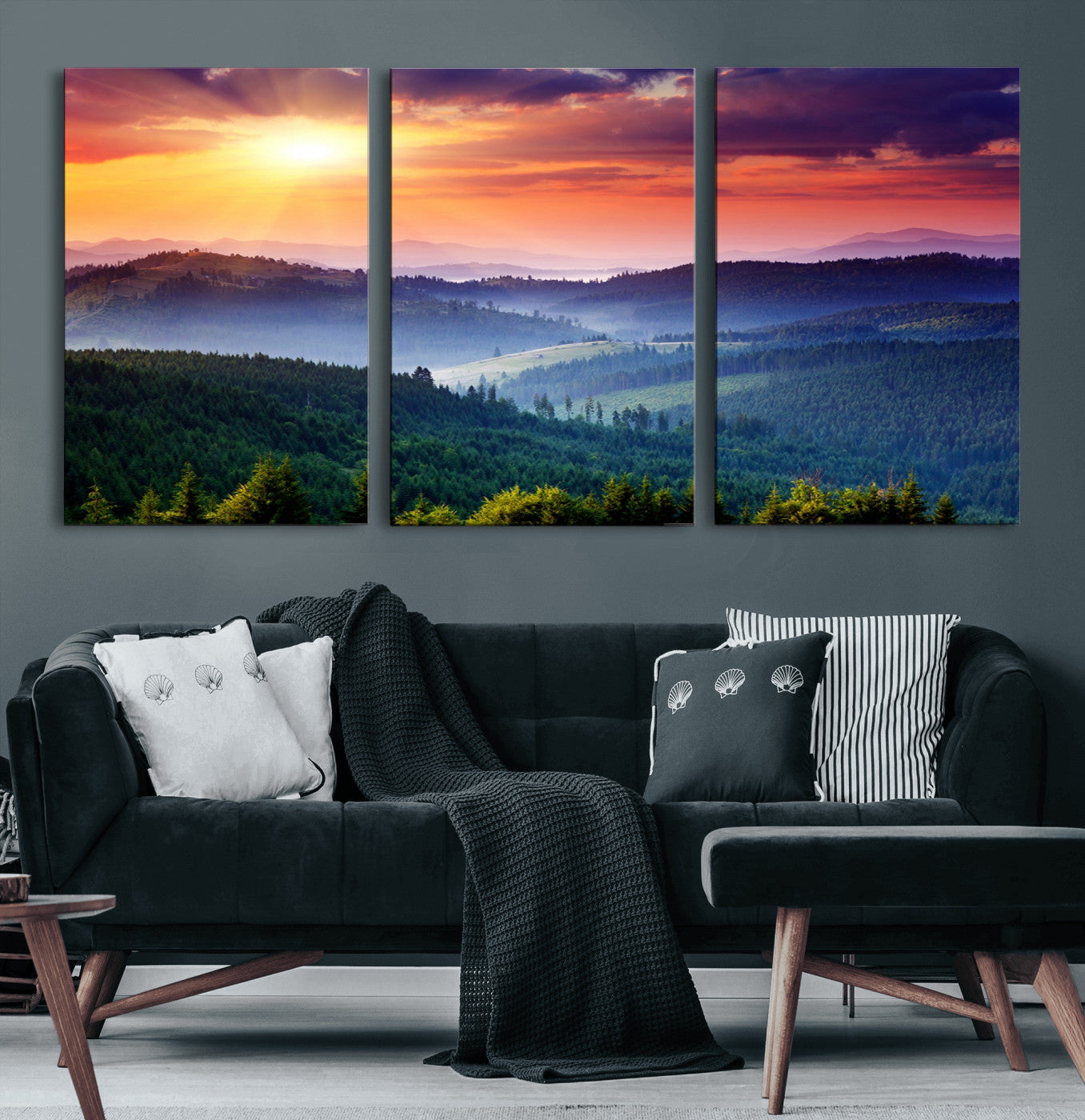 86411-MGV-CV-60X30-3P-Beautiful Sunset over Hills Forest Landscape Canvas Wall Art Print