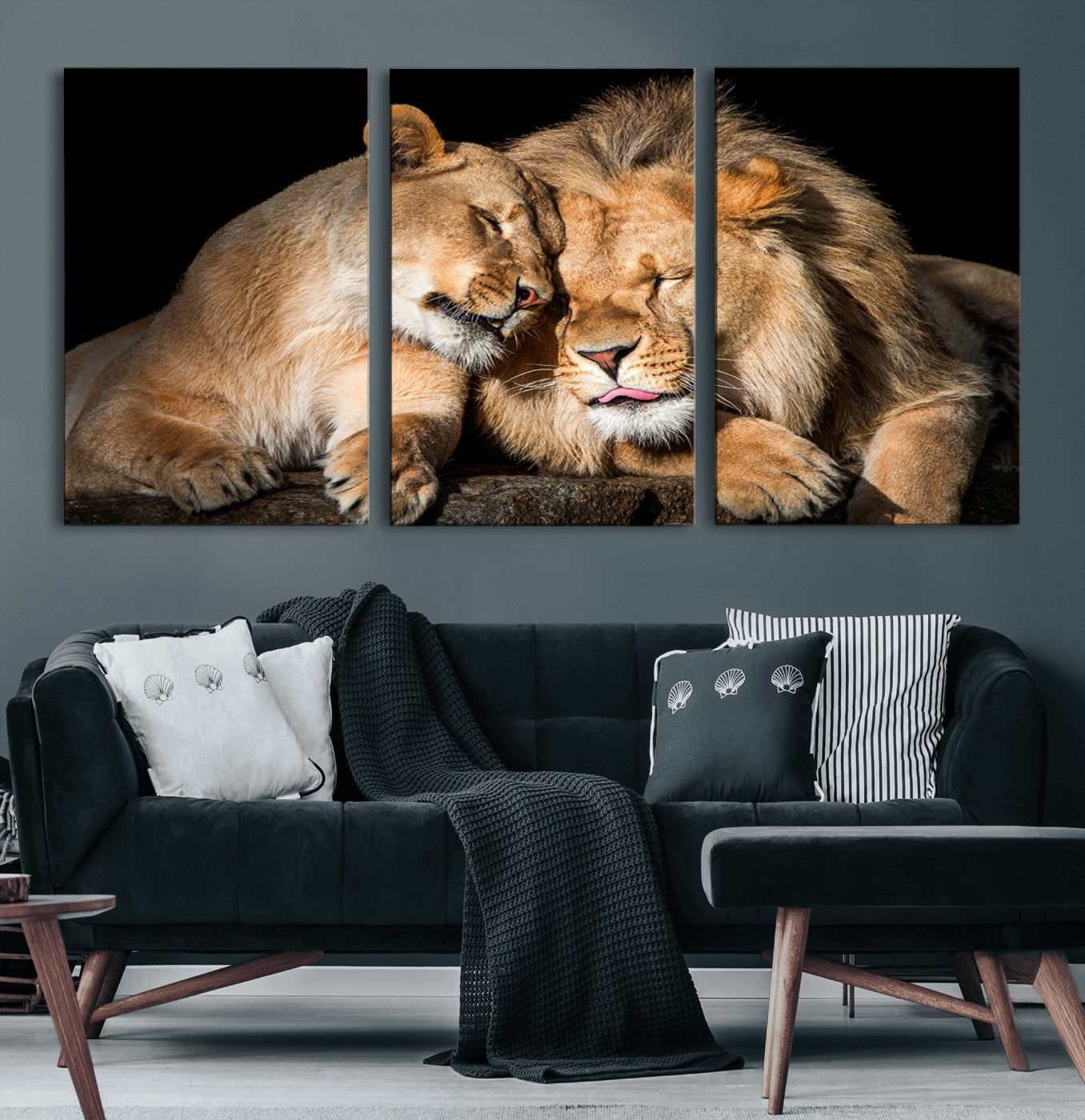 MGV-CV-60X30-3P - Lion and Lioness Wall Art Print Canvas | 3-Panel African Wildlife Canvas Print | Animal-Themed Art