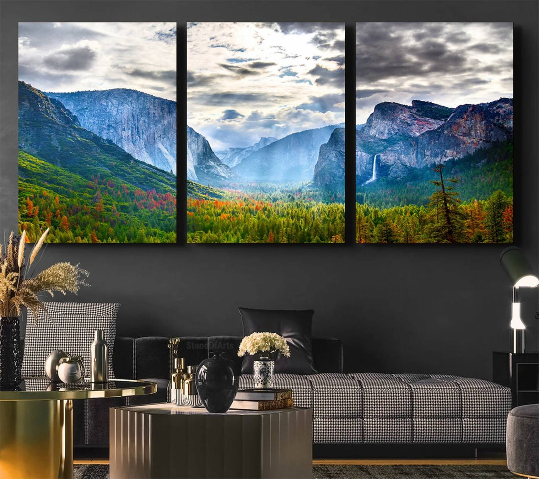 The Yosemite Park Half Dome 3 Panel Canvas Print beautifully captures the enchanting beauty of national parks with its vibrant mountain and forest scene. This large giclée landscape wall art is perfect for living rooms, offices, or bedrooms and comes ready to hang.