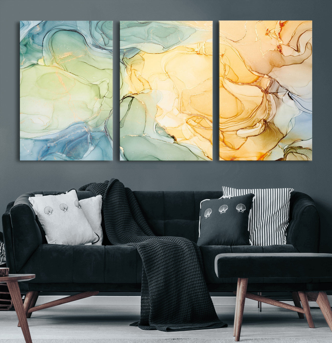 42195-MGV-CV-60X30-3P-Green and Yellow Marble Fluid Effect Wall Art, Green and Yellow Marble Canvas Wall Art Print