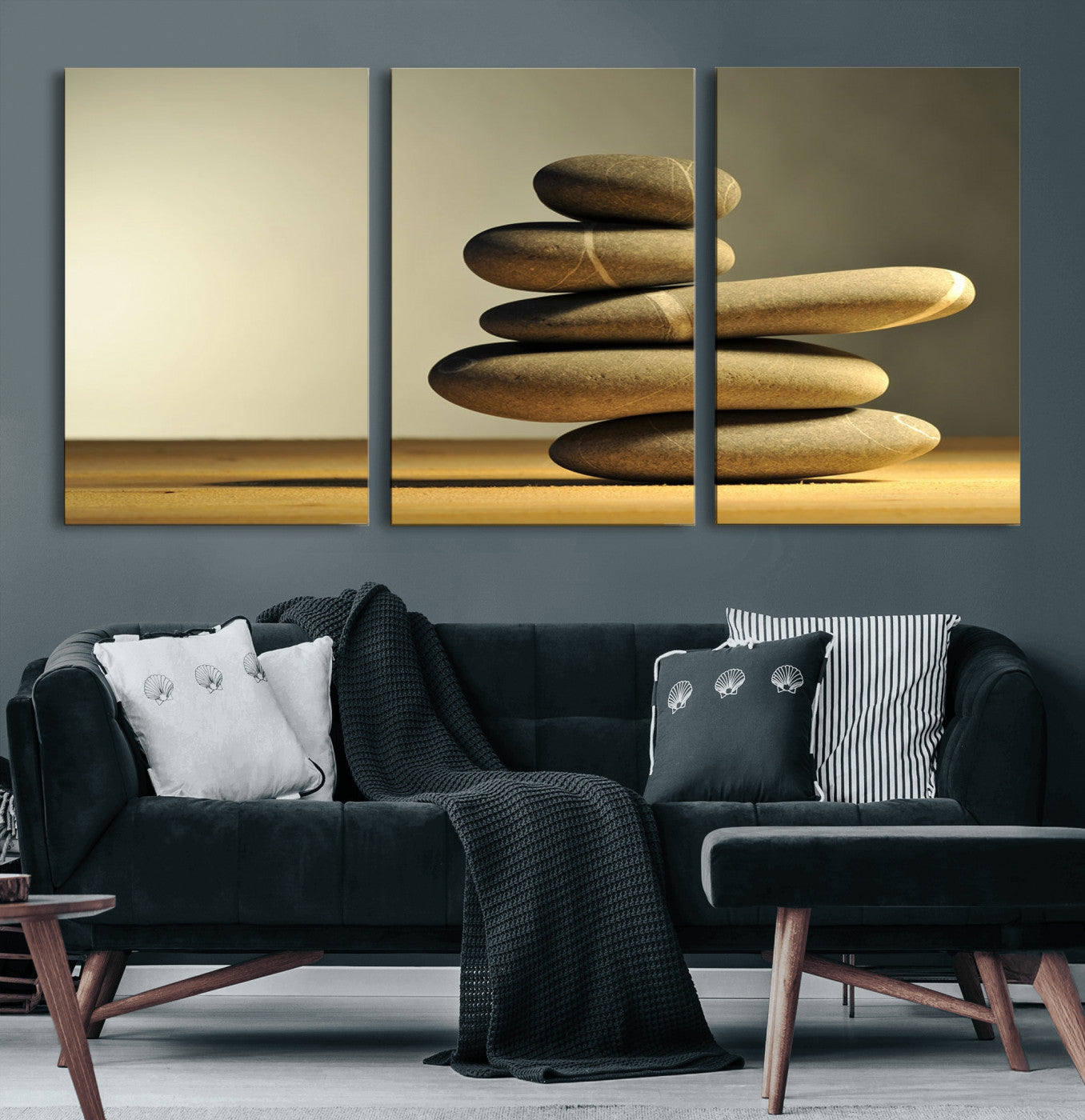 90045-MGV-CV-60X30-3P-Fluvial Zen Stones Canvas Wall Art Print