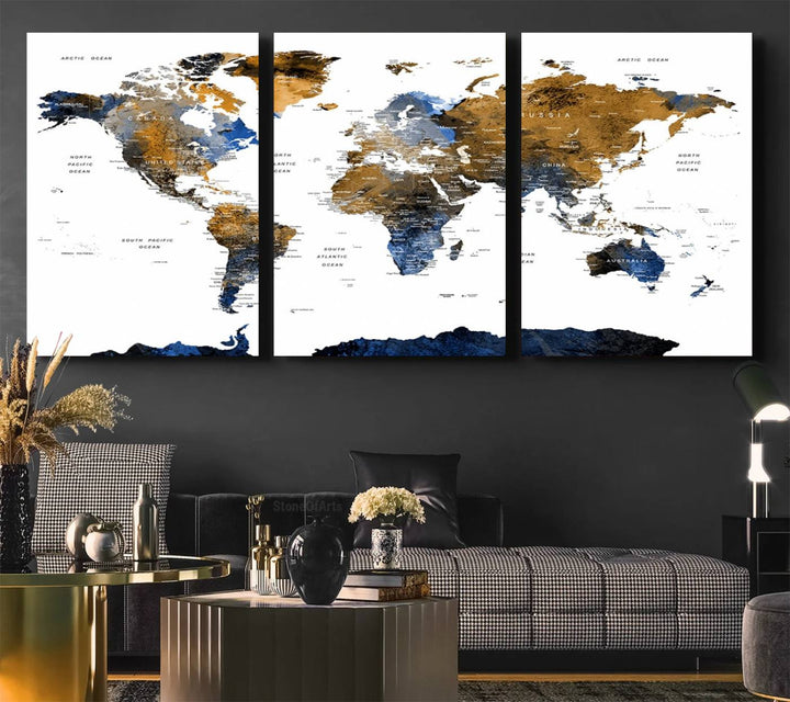 The Triptych Modern World Map Canvas in blue and brown is an ideal global decor piece for enhancing living rooms or offices. It comes ready to hang.