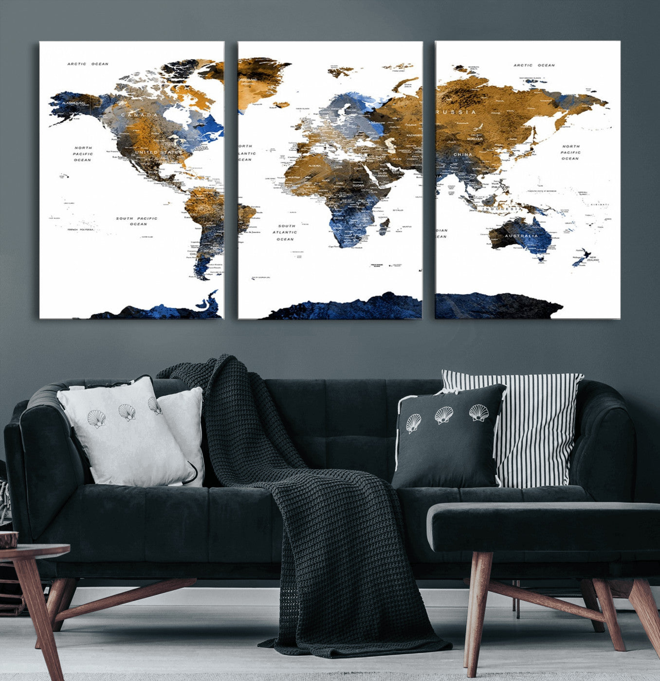 32677-MGV-CV-60X30-3P-Modern Abstract World Map Canvas Wall Art – Framed Blue and Gold Map Print, Elegant Contemporary Travel Decor for Home and Office Walls
