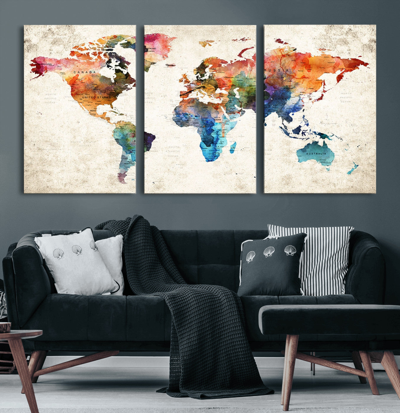66549-MGV-CV-60X30-3P-Colorful Watercolor World Map Canvas Wall Art – Framed Push Pin Travel Map for Home and Office Decor, Artistic Modern Wall Artwork