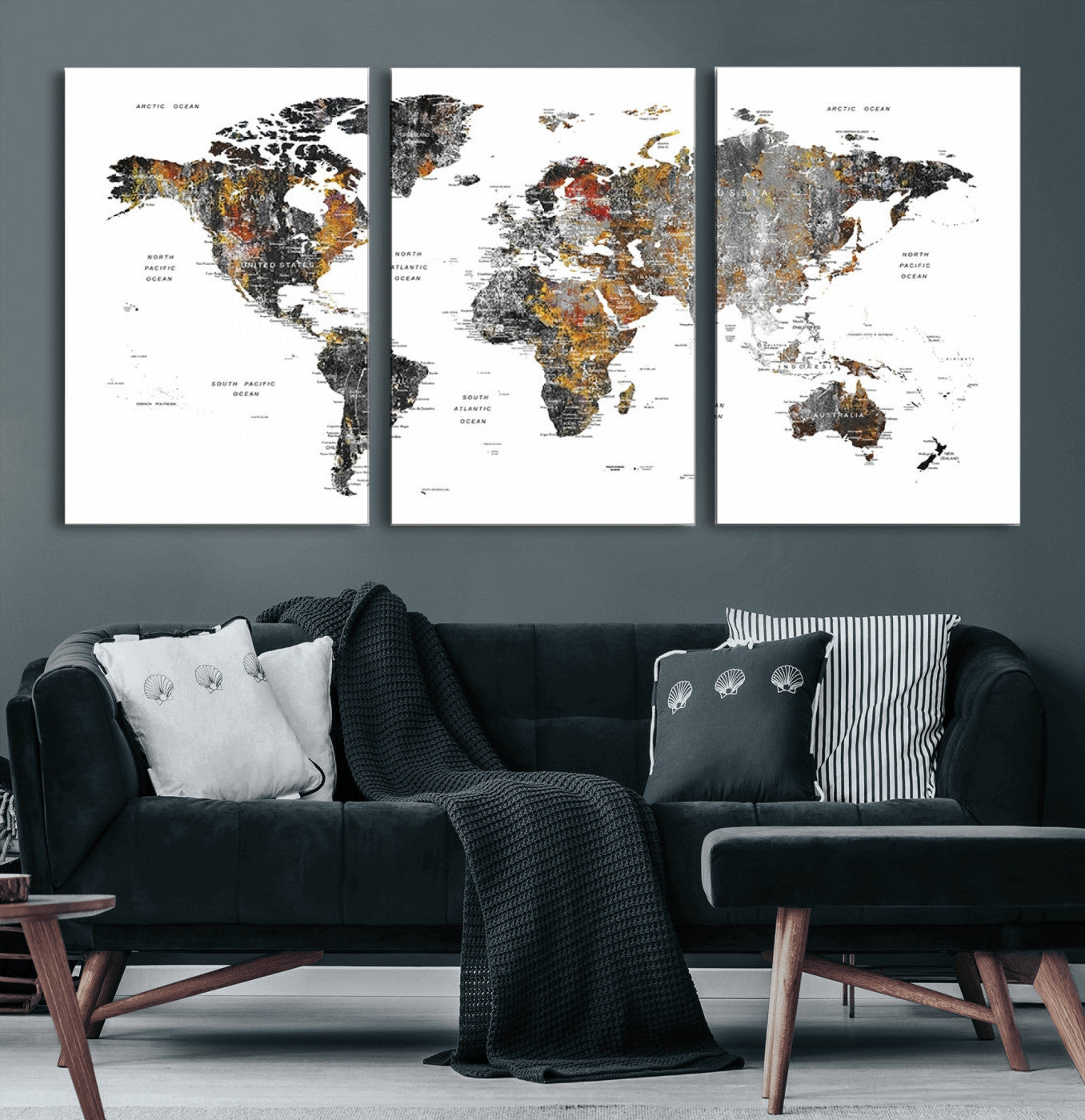 67481-MGV-CV-60X30-3P-Modern Metallic World Map Canvas Wall Art – Framed Contemporary World Map Print, Stylish Travel Inspired Decor for Home and Office Walls