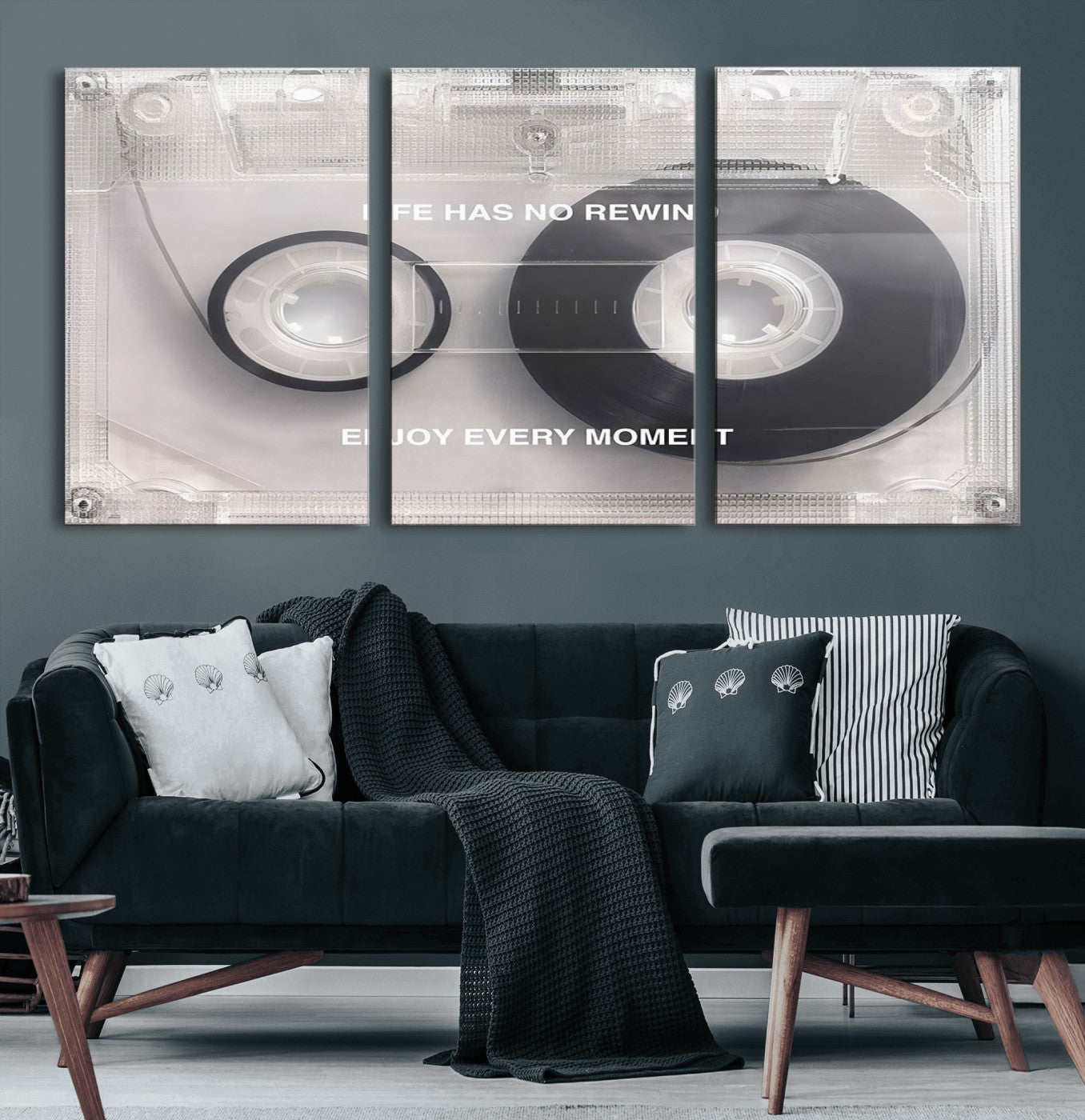 54028-MGV-CV-60X30-3P-Vintage Cassette Tape Canvas Wall Art - Inspirational 'Life Has No Rewind' Quote, Retro Music Decor