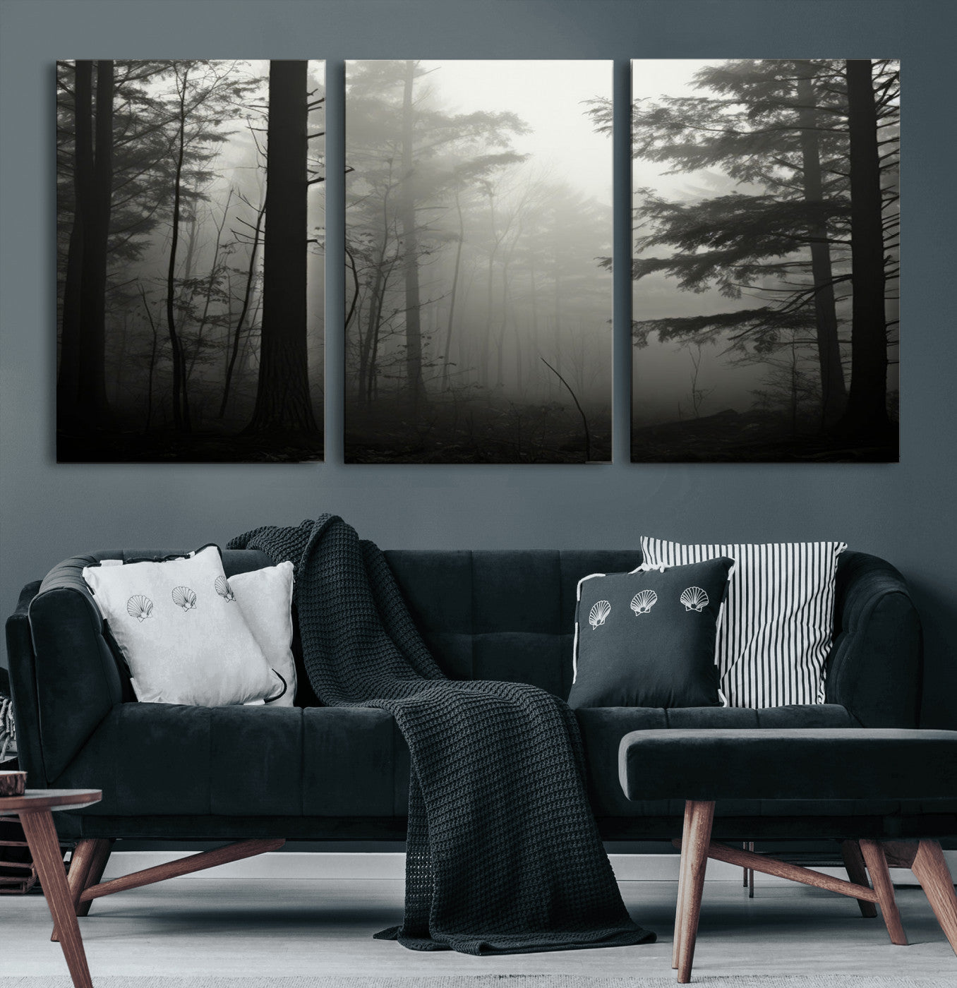 63515-MGV-CV-60X30-3P-Misty Forest Wall Art Premium Canvas Print a Foggy and Serene Atmosphere - Nature Wall Art