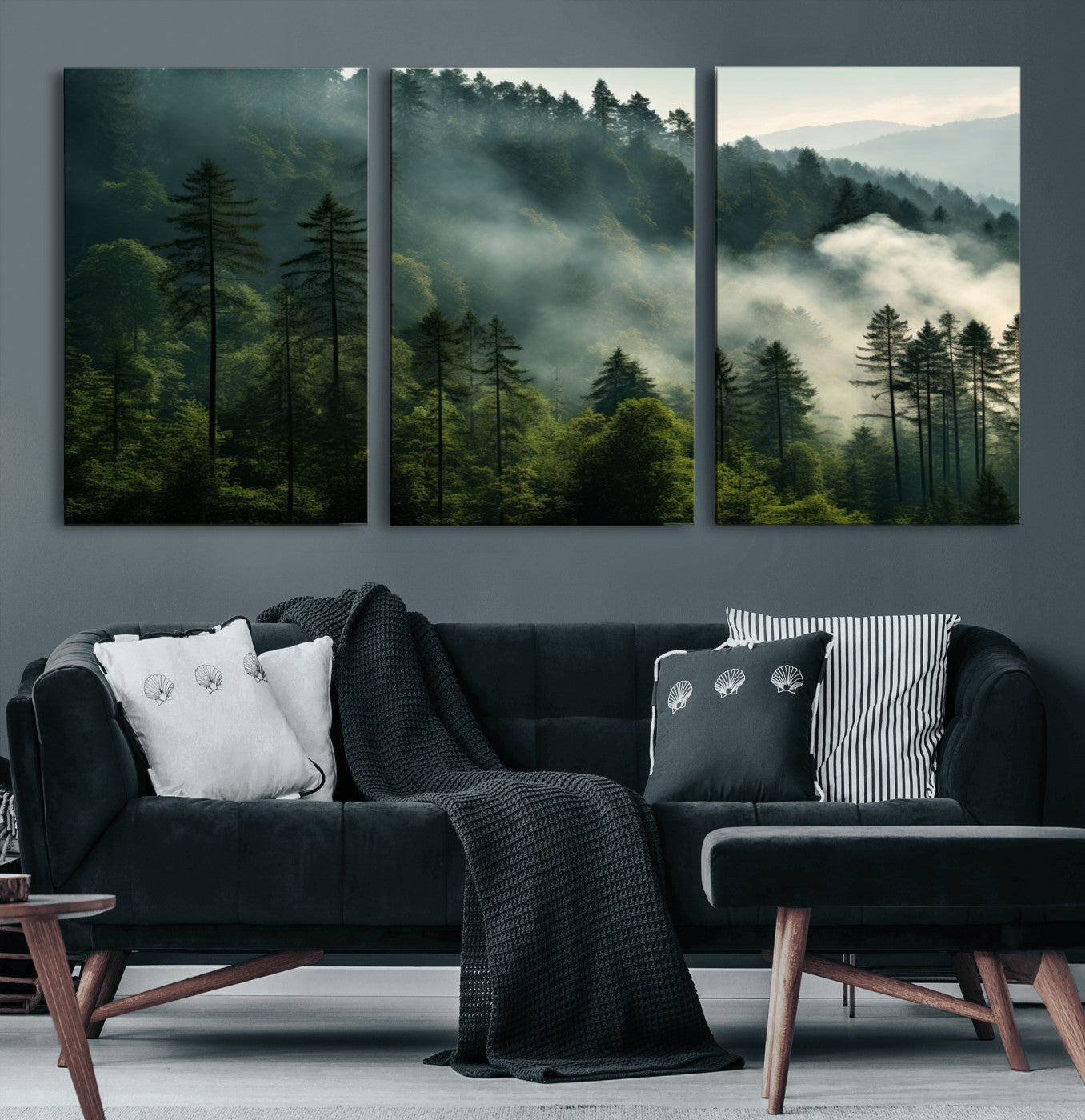 13518-MGV-CV-60X30-3P-Misty Forest Wall Art Premium Canvas Print a Foggy and Serene Atmosphere