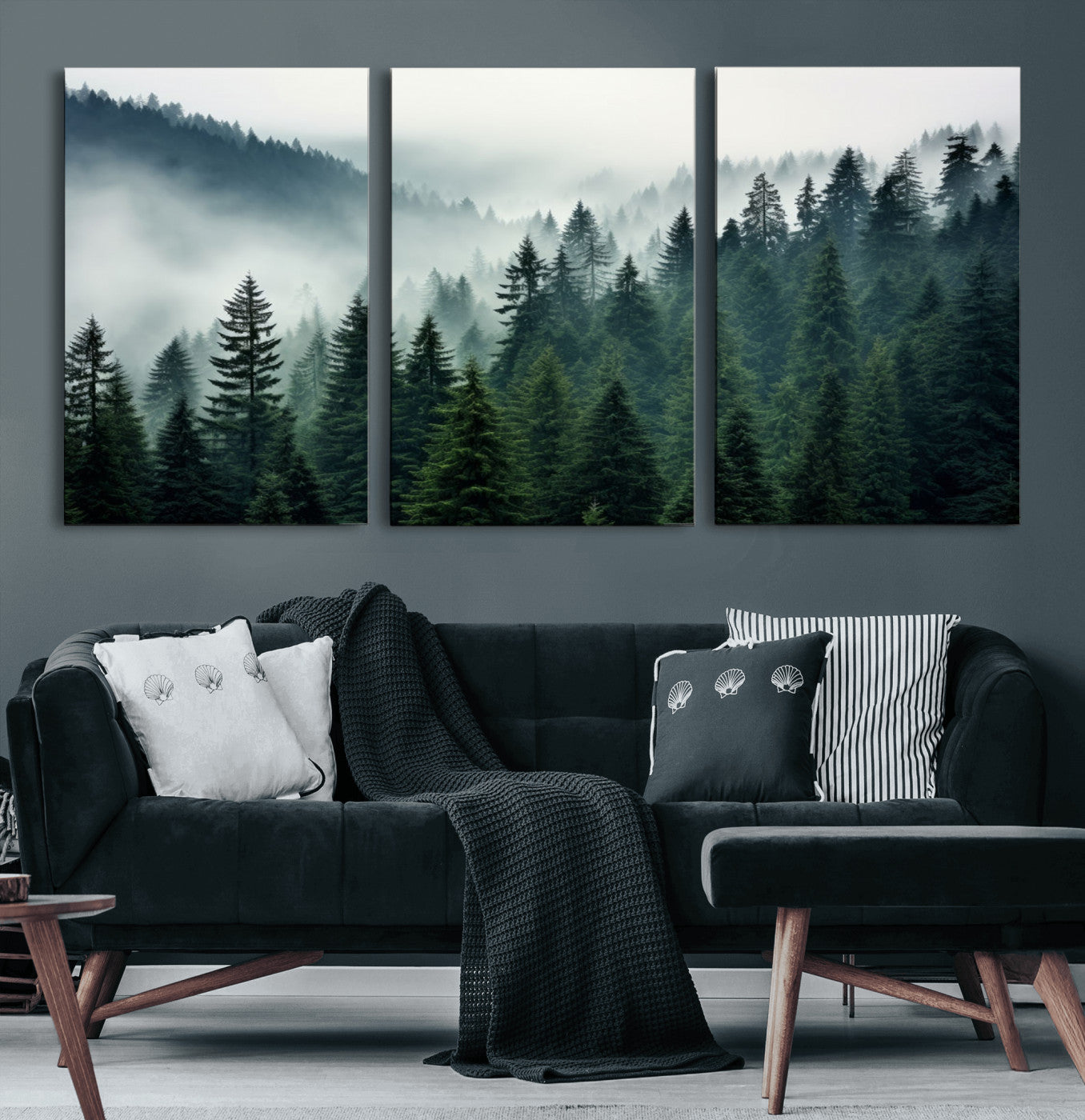 63262-MGV-CV-60X30-3P-Captivating Misty Forest Wall Art Premium Canvas Print, Foggy and Serene Atmosphere Canvas Print