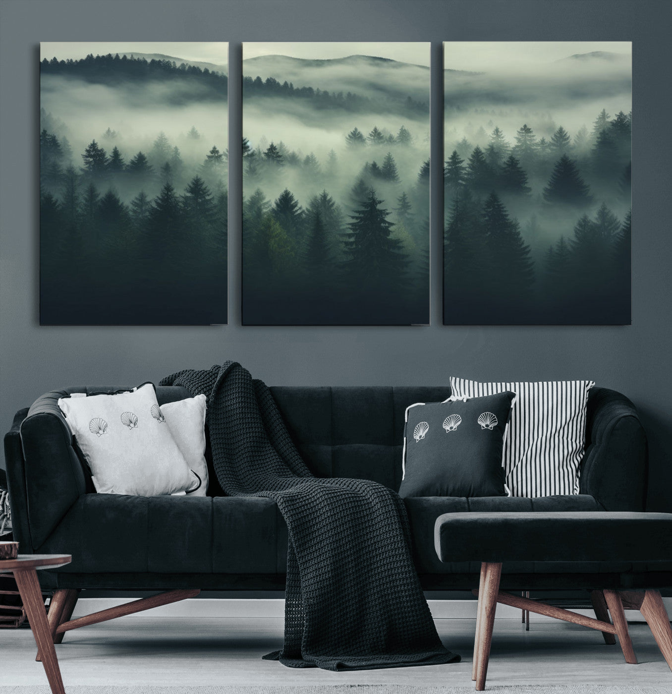 76456-MGV-CV-60X30-3P-Misty Forest Wall Art Premium Canvas Print a Foggy and Serene Atmosphere