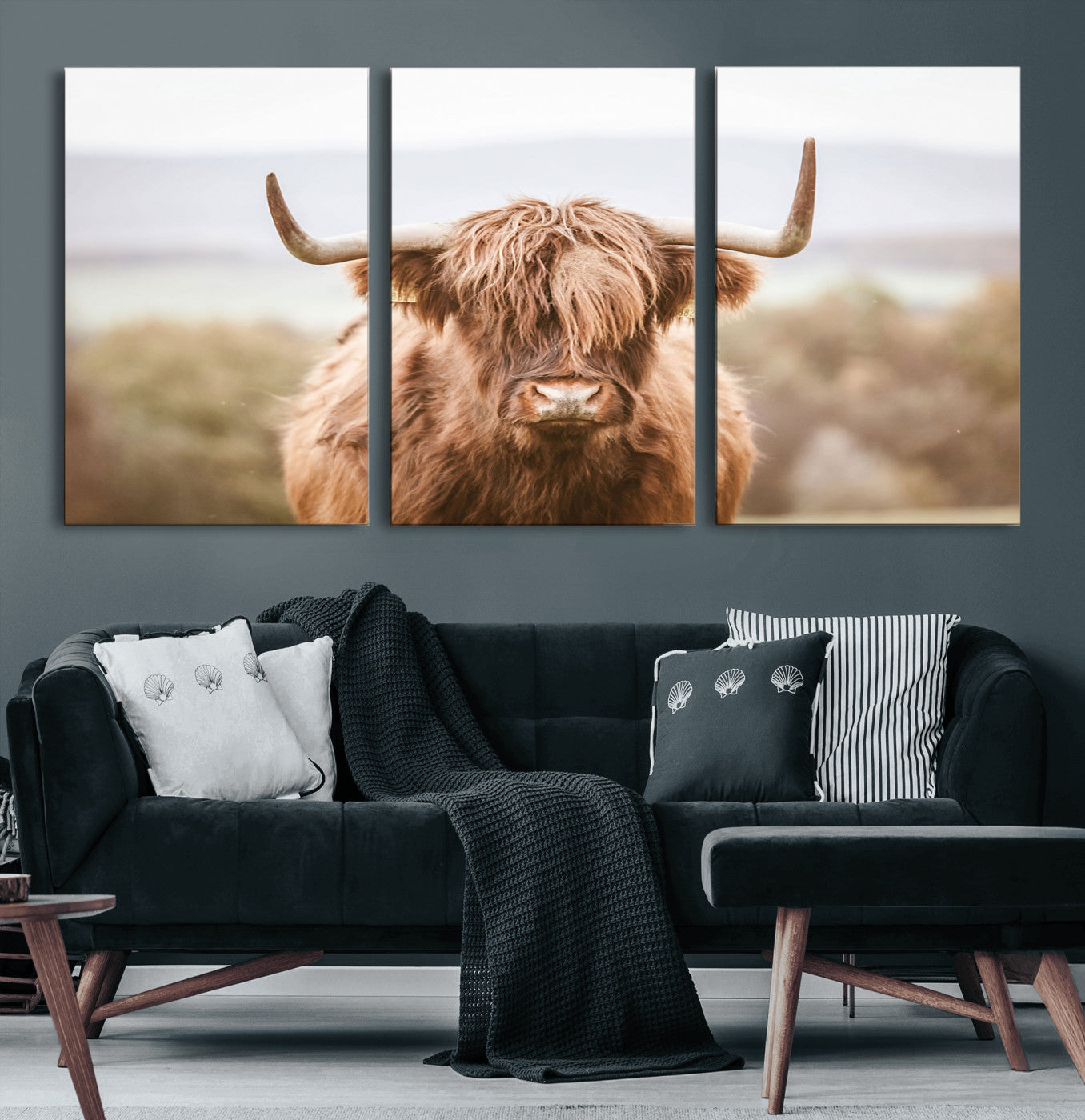 MGV-CV-60X30-3P - Scottish Serene Highland Cow Canvas Wall Art – Serene Highland Cow in Natural Pastel Tones – Ready