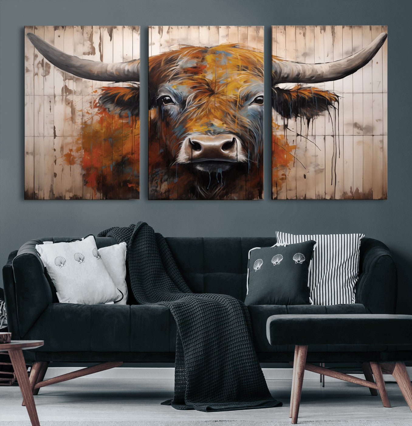 47284-MGV-CV-60X30-3P-Abstract Bull Highland Cow Canvas Wall Art Print – Vibrant Rustic Charm in Modern Farmhouse Decor –