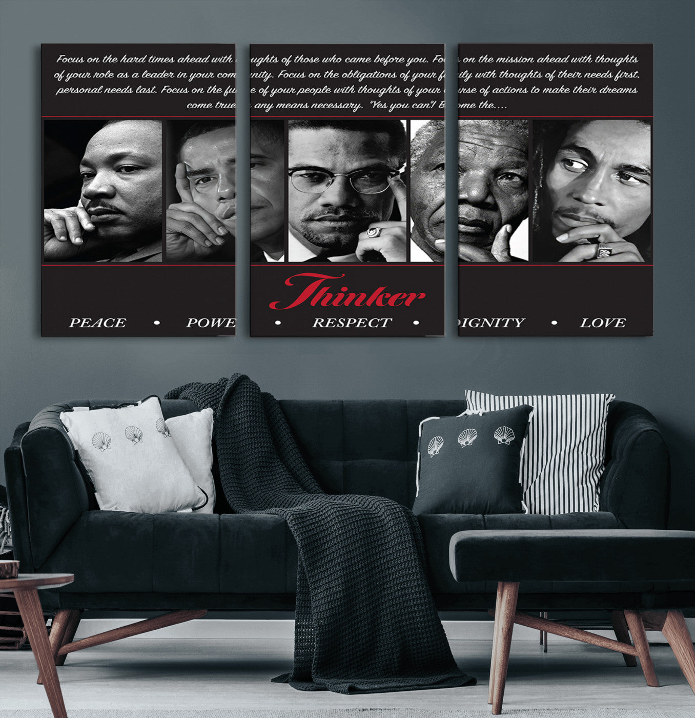 45112-MGV-CV-60X30-3P-Thinker Quintet Canvas Wall Art – Martin, Obama, Malcolm X, Mandela, Marley Featuring Peace, Power,