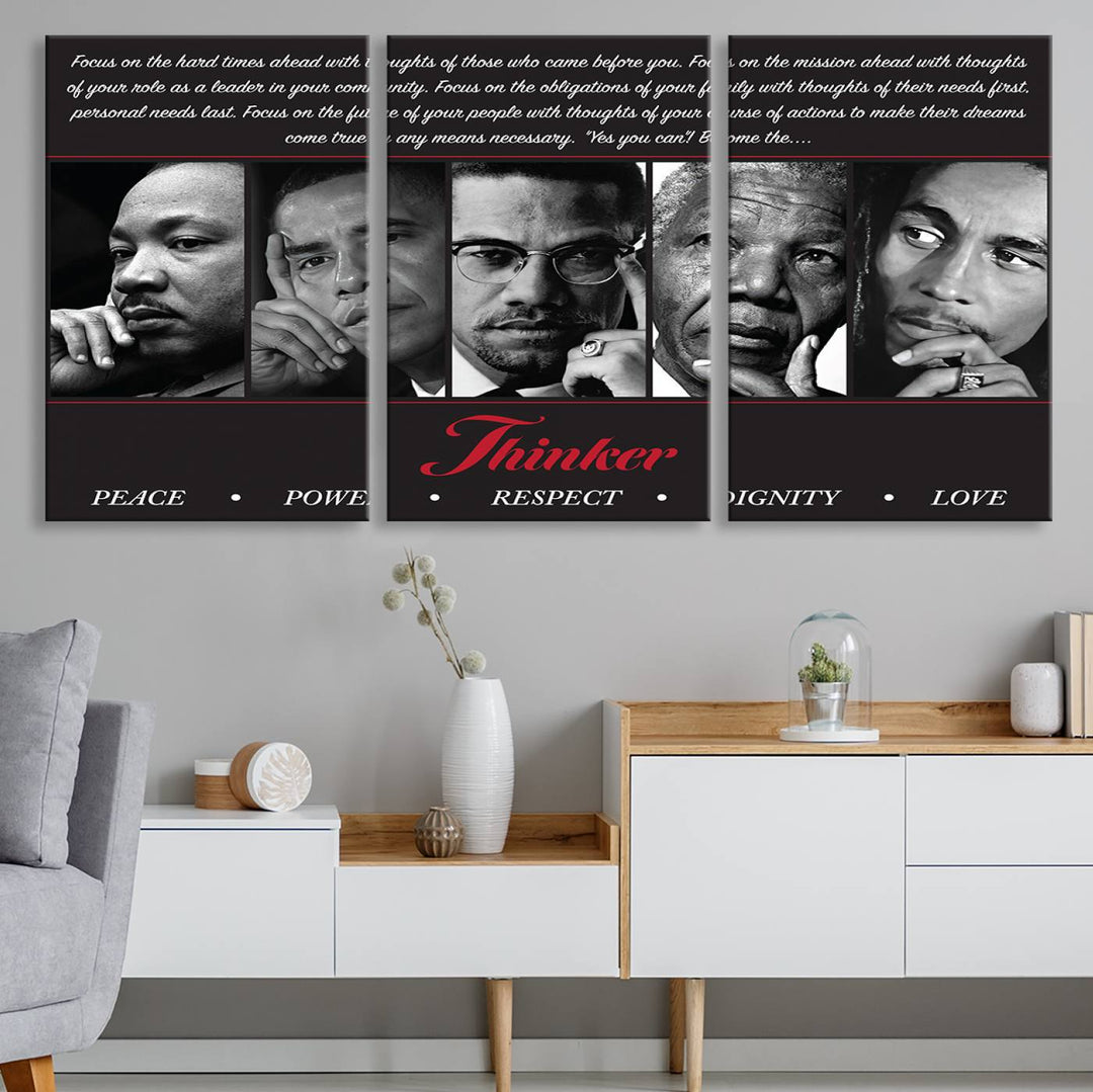 The Thinker Quintet Canvas Wall Art features portraits of Martin, Obama, Malcolm X, Mandela, and Marley, each representing virtues such as Peace and Power.