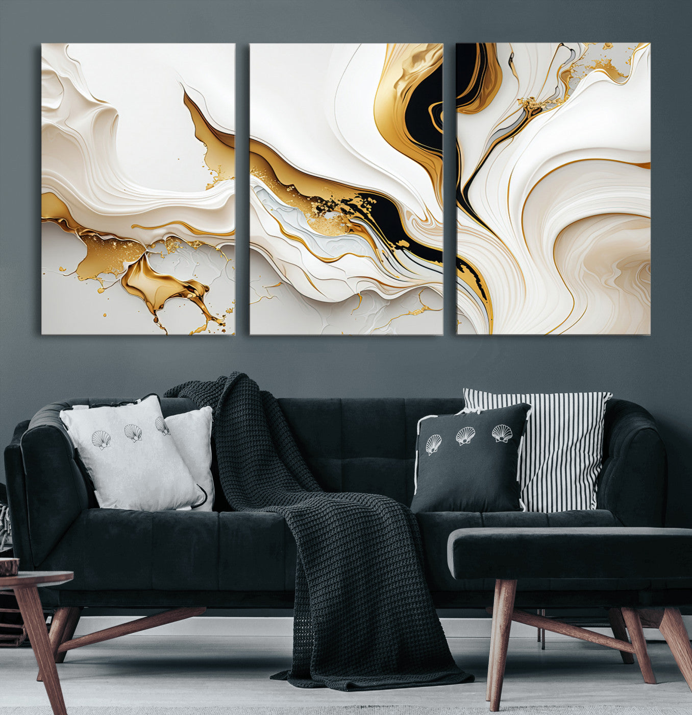 98637-MGV-CV-60X30-3P-Gold Waves on Pure White Canvas – Gold Abstract Art for Modern Interiors | Wall Art Canvas, Framed &