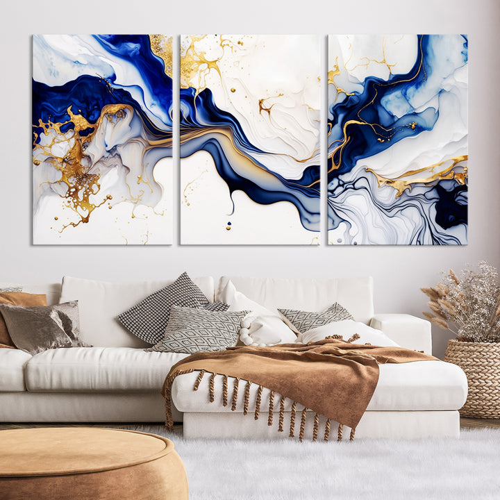 Golden Cascades on Midnight Blue – Abstract Flowing Elegance | Wall Art Canvas, Framed & Ready to Hang